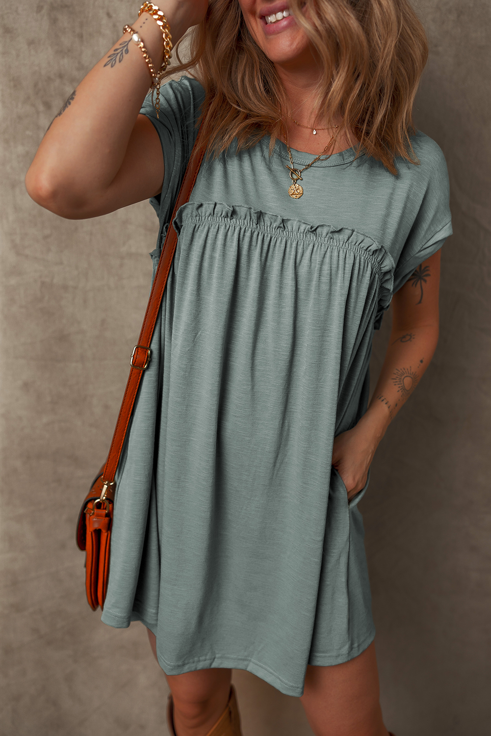 Mist Green Frilled Gathered Seam Round Neck T Shirt Dress - loveforevers