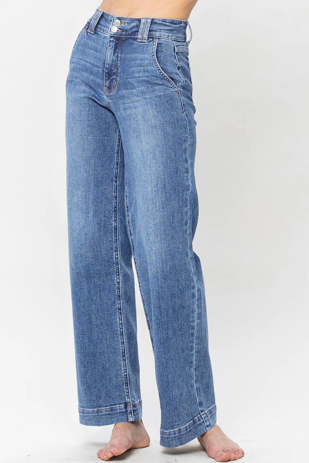 Sky Blue Double Button Zip Fly Straight Leg Jeans - loveforevers