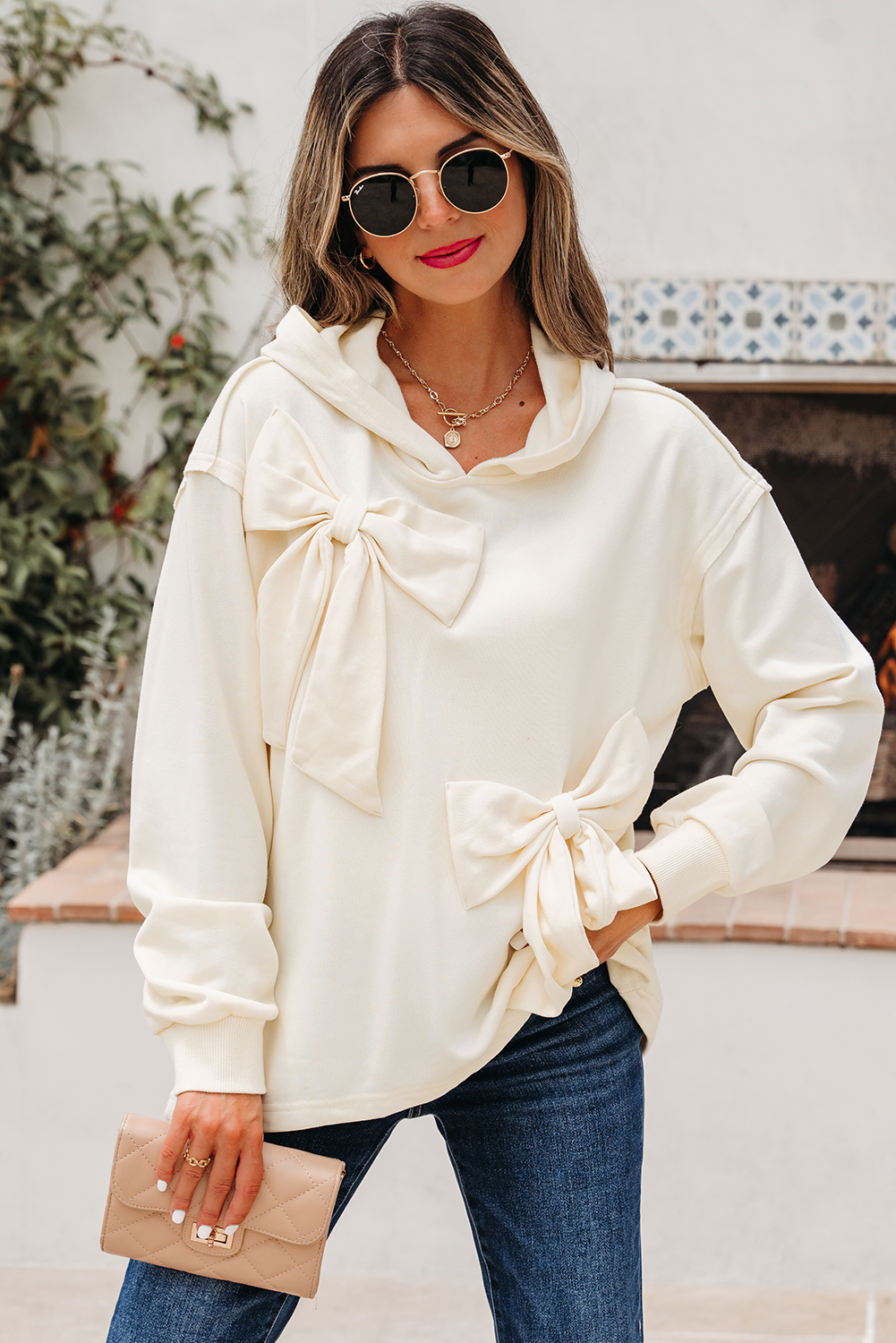 White Solid Color Cute Bow Detail Loose Hoodie - loveforevers