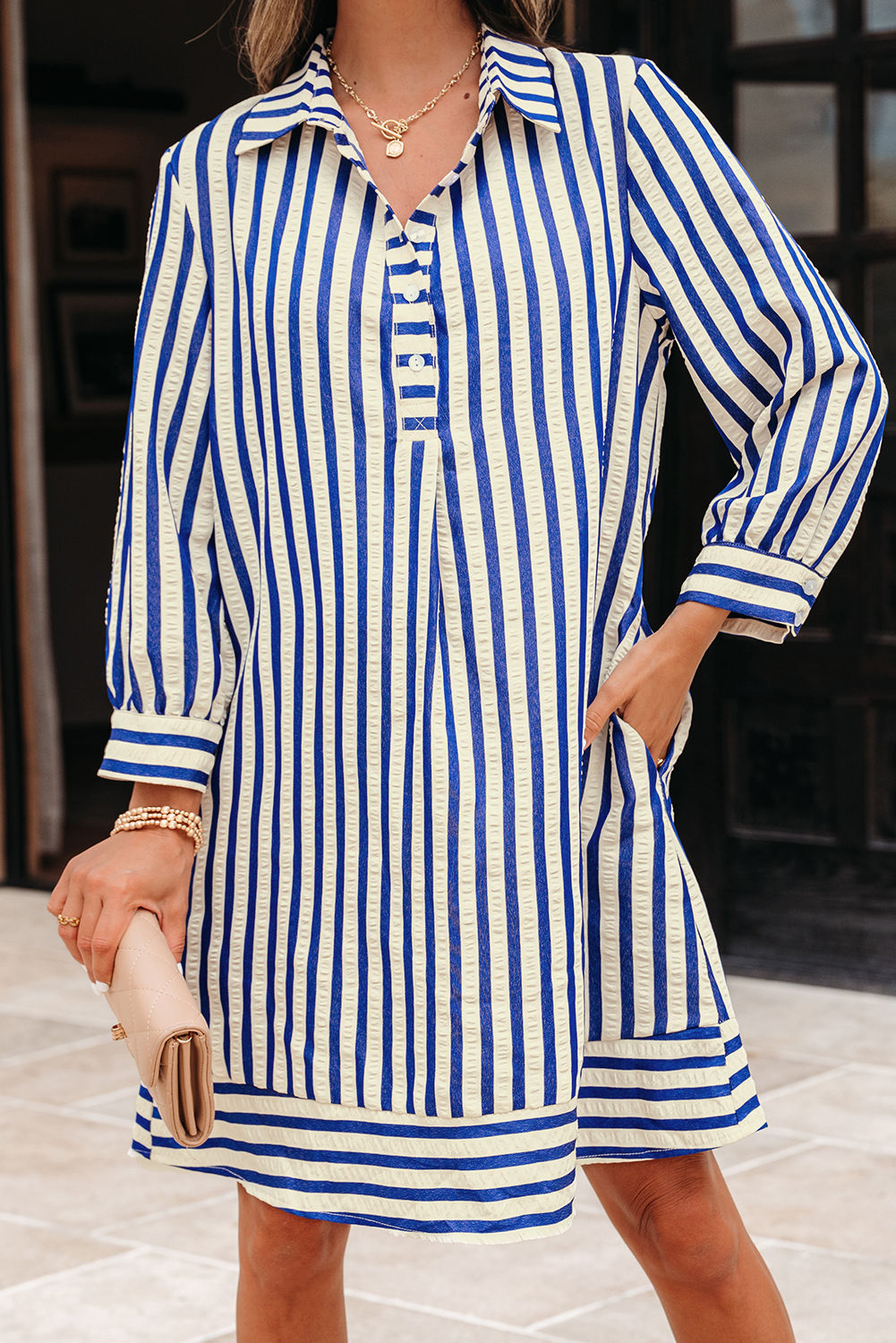 Blue Stripe Collared Half Button Side Pockets Loose Fit Mini Dress - loveforevers