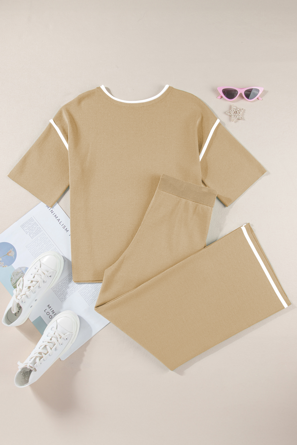 Blackish Green Contrast Trim Half Sleeve Top Drawstring Pants Loose 2pcs Sweater Suit - loveforevers