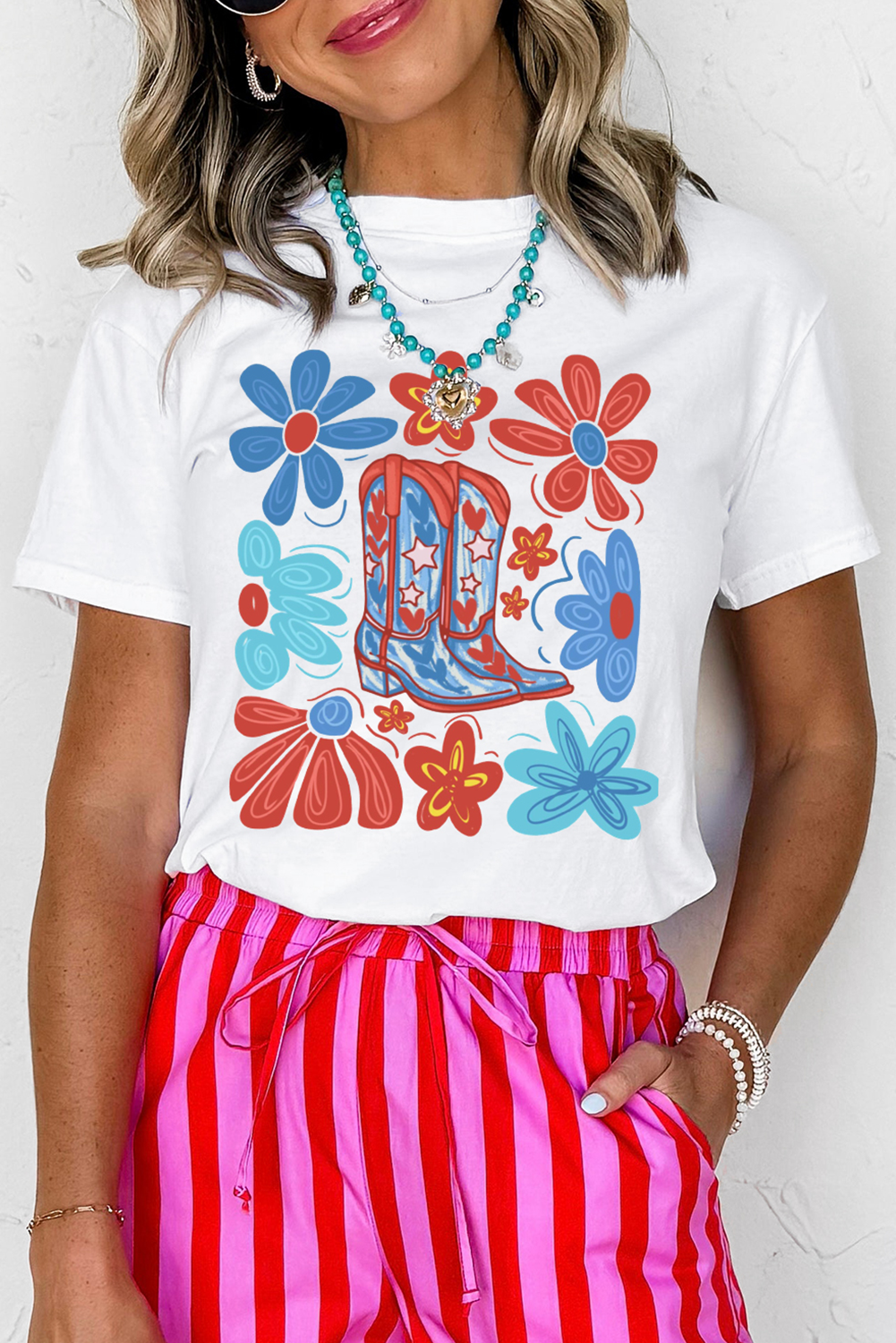White Floral Cowgirl Boots Print Independence Day T Shirt - loveforevers