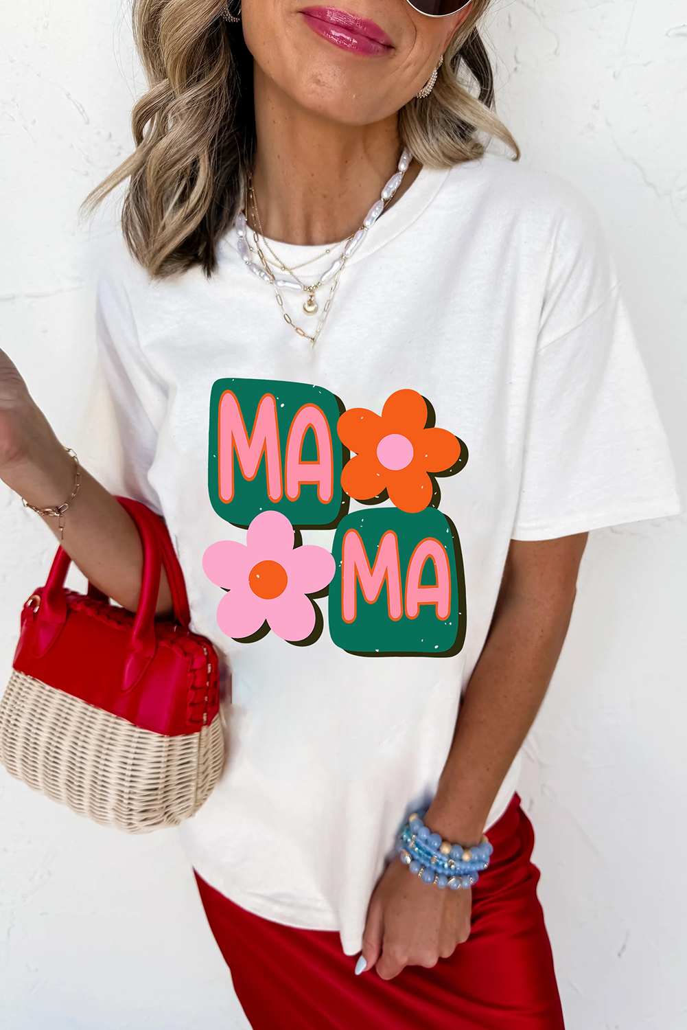 White MAMA Flower Graphic Crewneck Tee - loveforevers