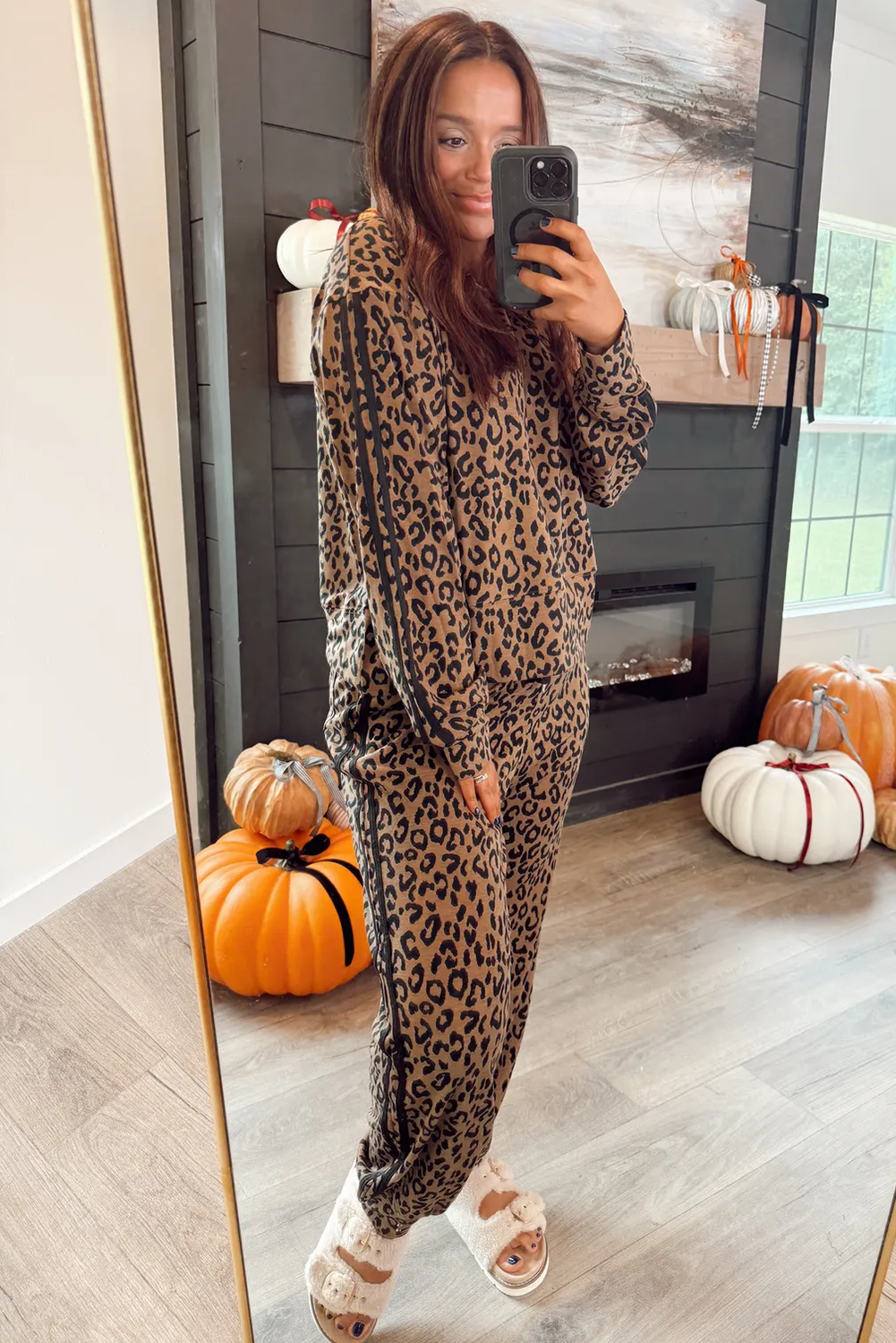 Brown Varsity Striped Trim Leopard Long Sleeve Top Drawstring Pant Set - loveforevers