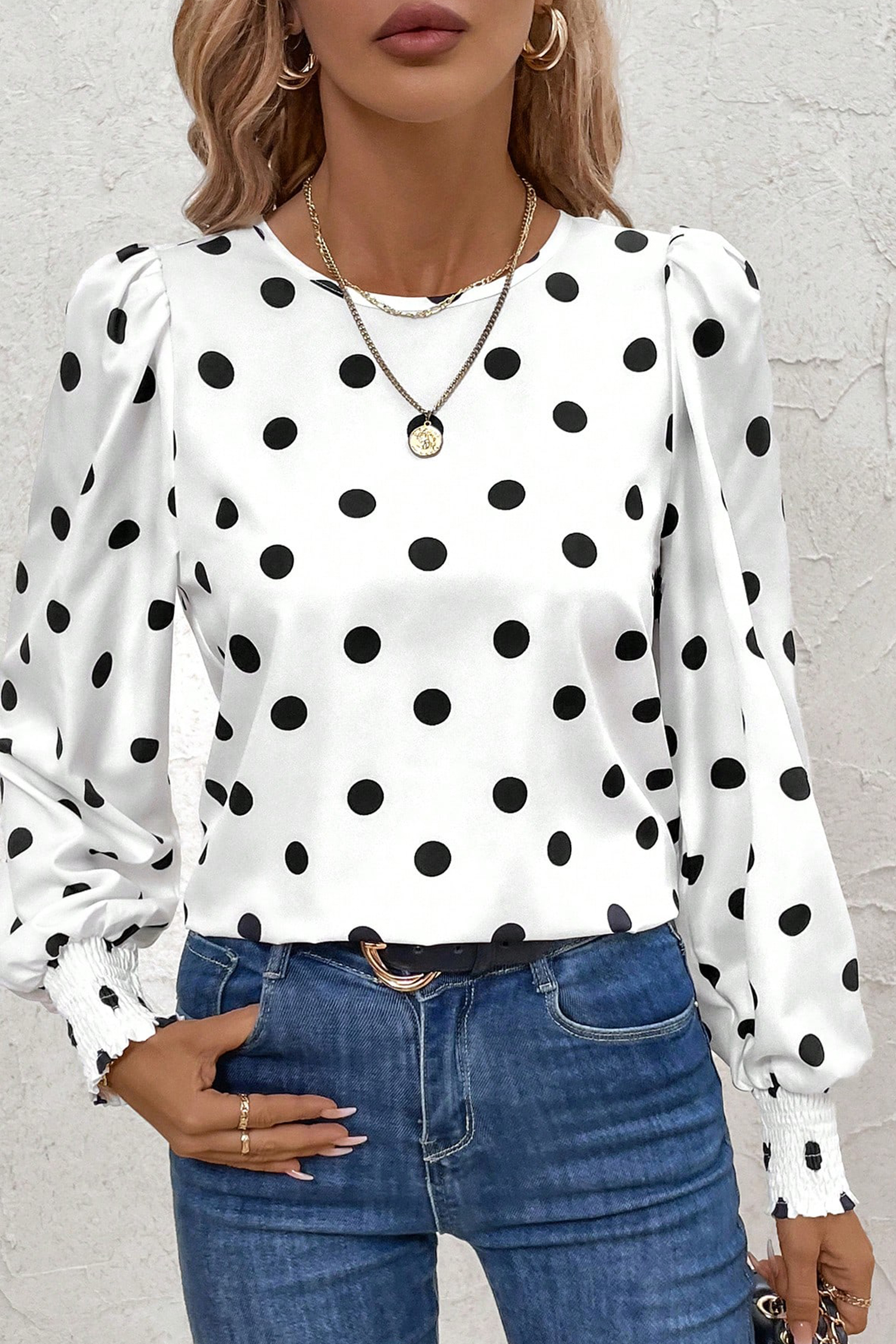 White Polka Dot Print Round Neck Frilled Long Sleeve Blouse - loveforevers