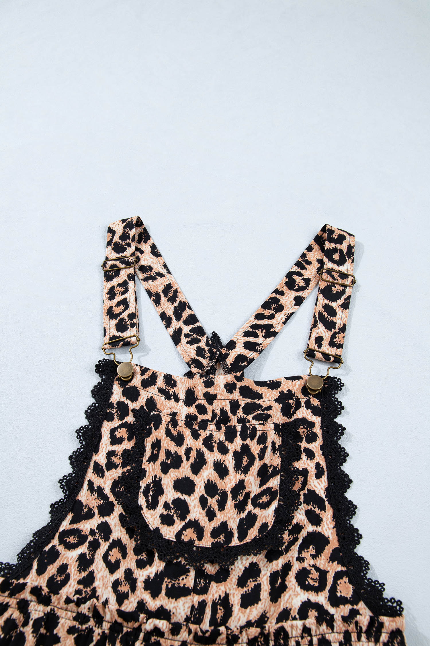Khaki Cheetah Printed Contrast Lace Detail Ruffled Wide Leg Jumpsuit - loveforevers