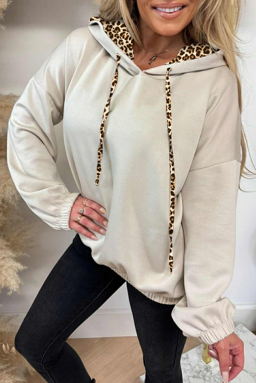 Jet Stream Leopard Contrast Drawstring Hood Drop Shoulder Loose Top - loveforevers