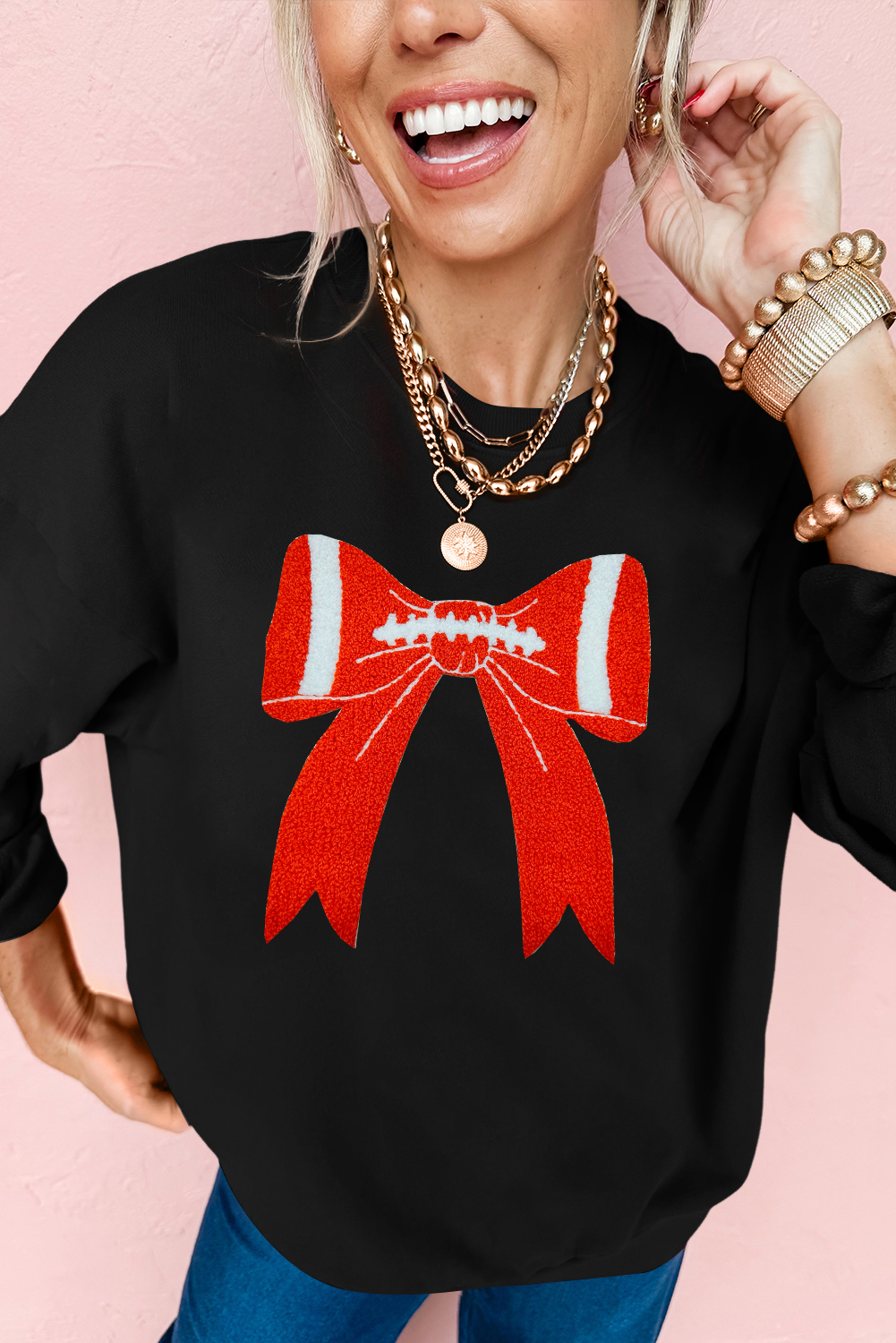 Black Game Day Chenille Bow Patched Drop Shoulder Sweatshirt - loveforevers