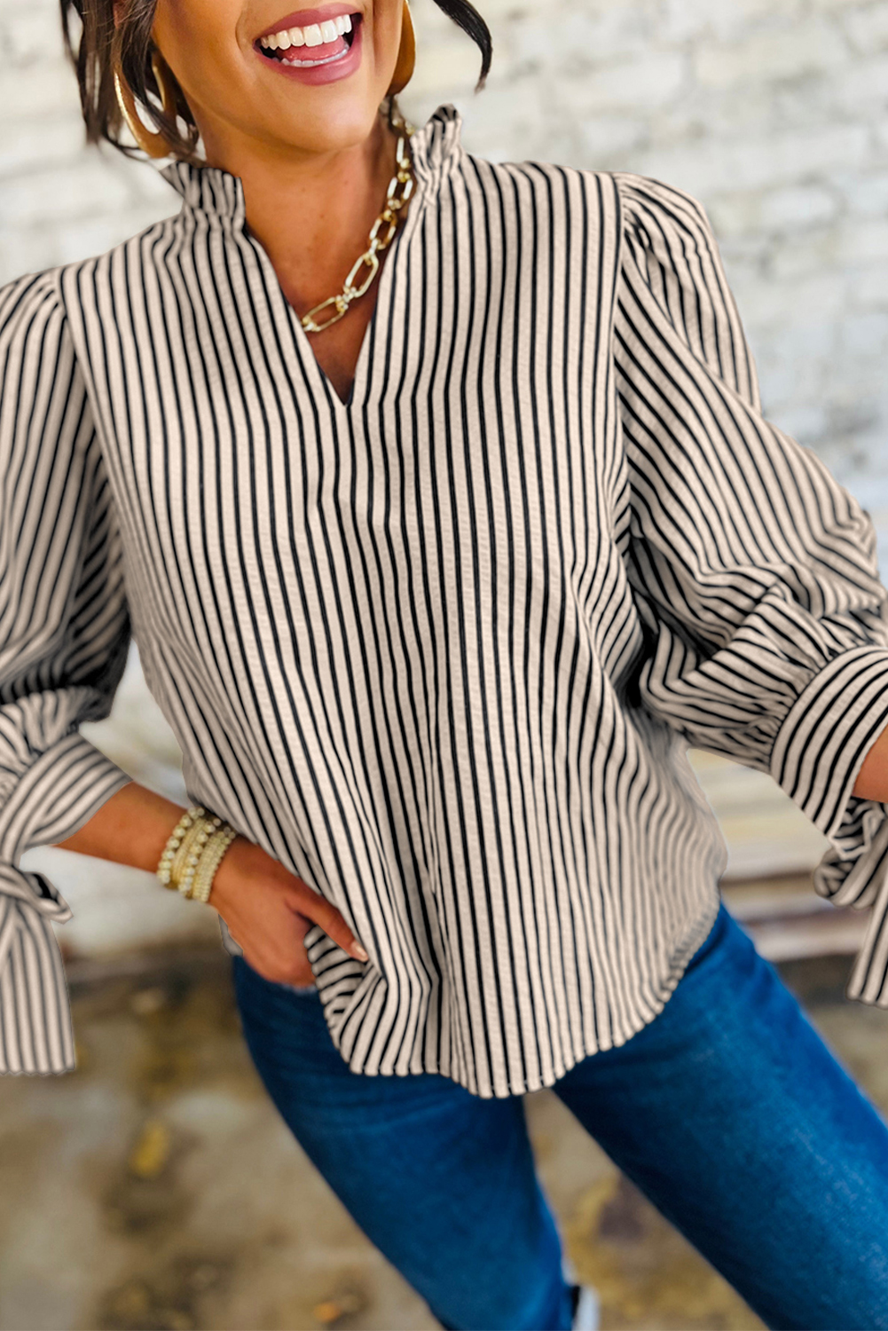 Black Stripe Knotted Cuff Long Sleeve V Neck Blouse - loveforevers