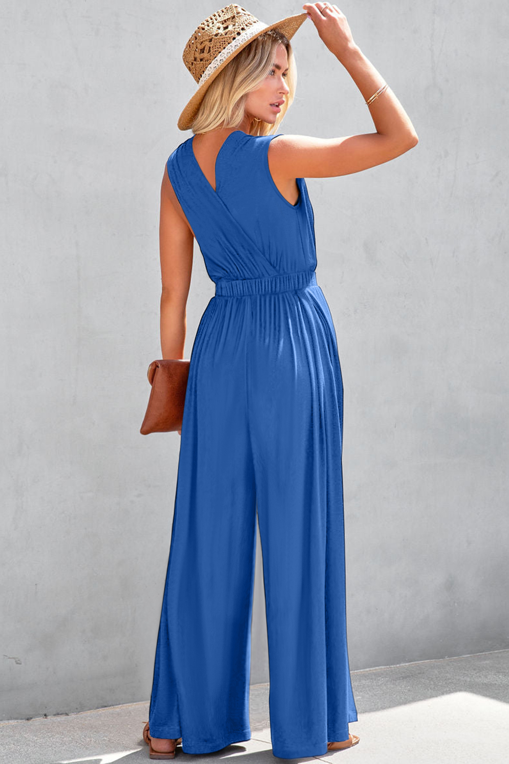 Black Deep V Pleated Crisscross Wide Leg Backless Jumpsuit - loveforevers