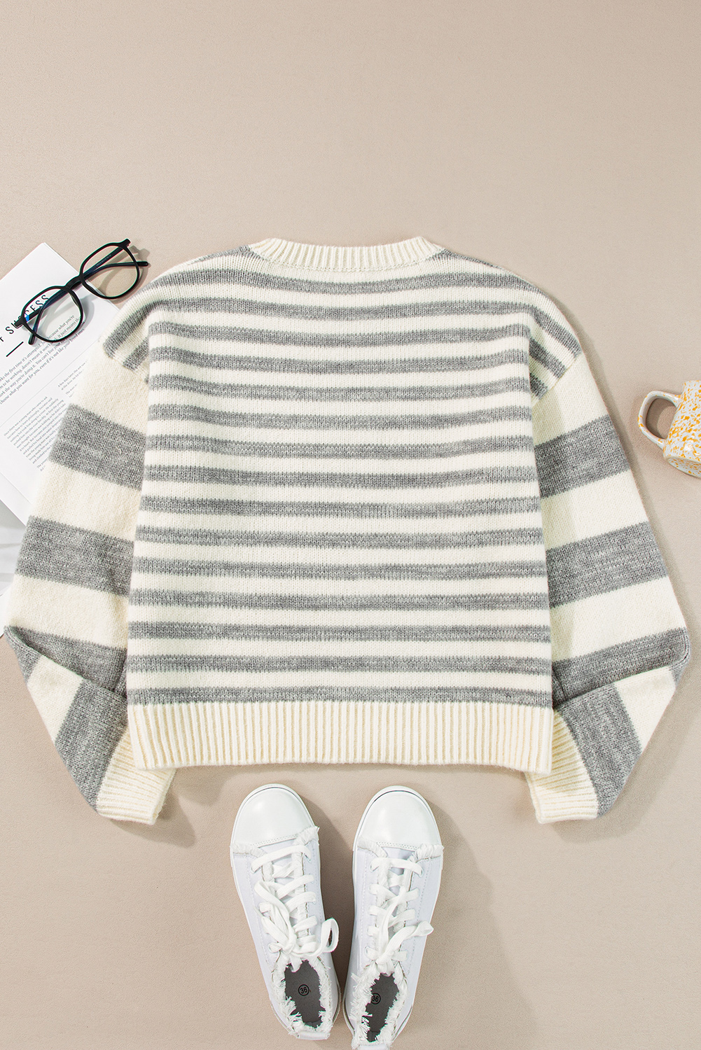 Gray Stripe Drop Shoulder Crew Neck Sweater - loveforevers