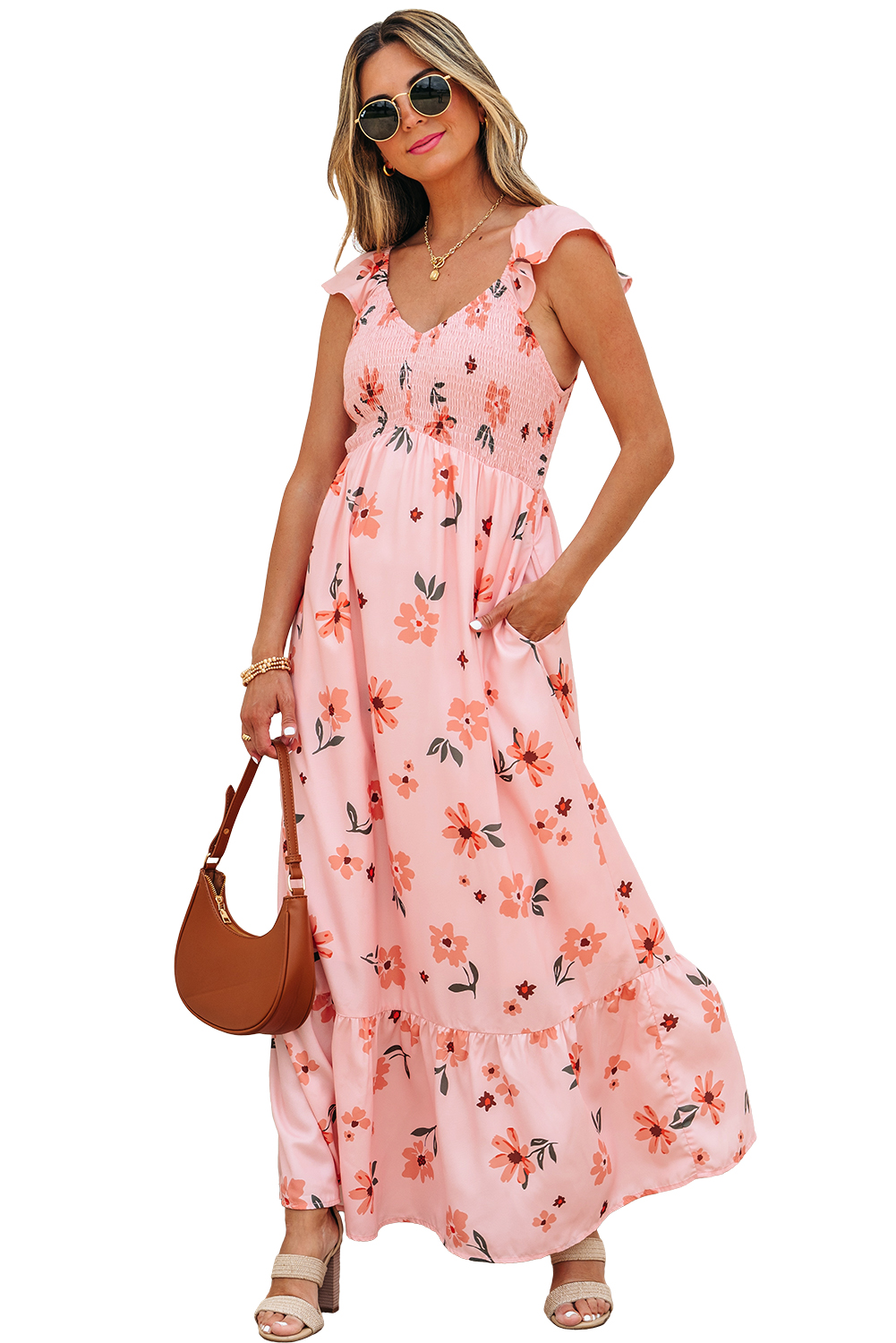 Black V Neck Flutter Sleeve Smocked Bodice High Waist Ruffle Maxi Dress - loveforevers