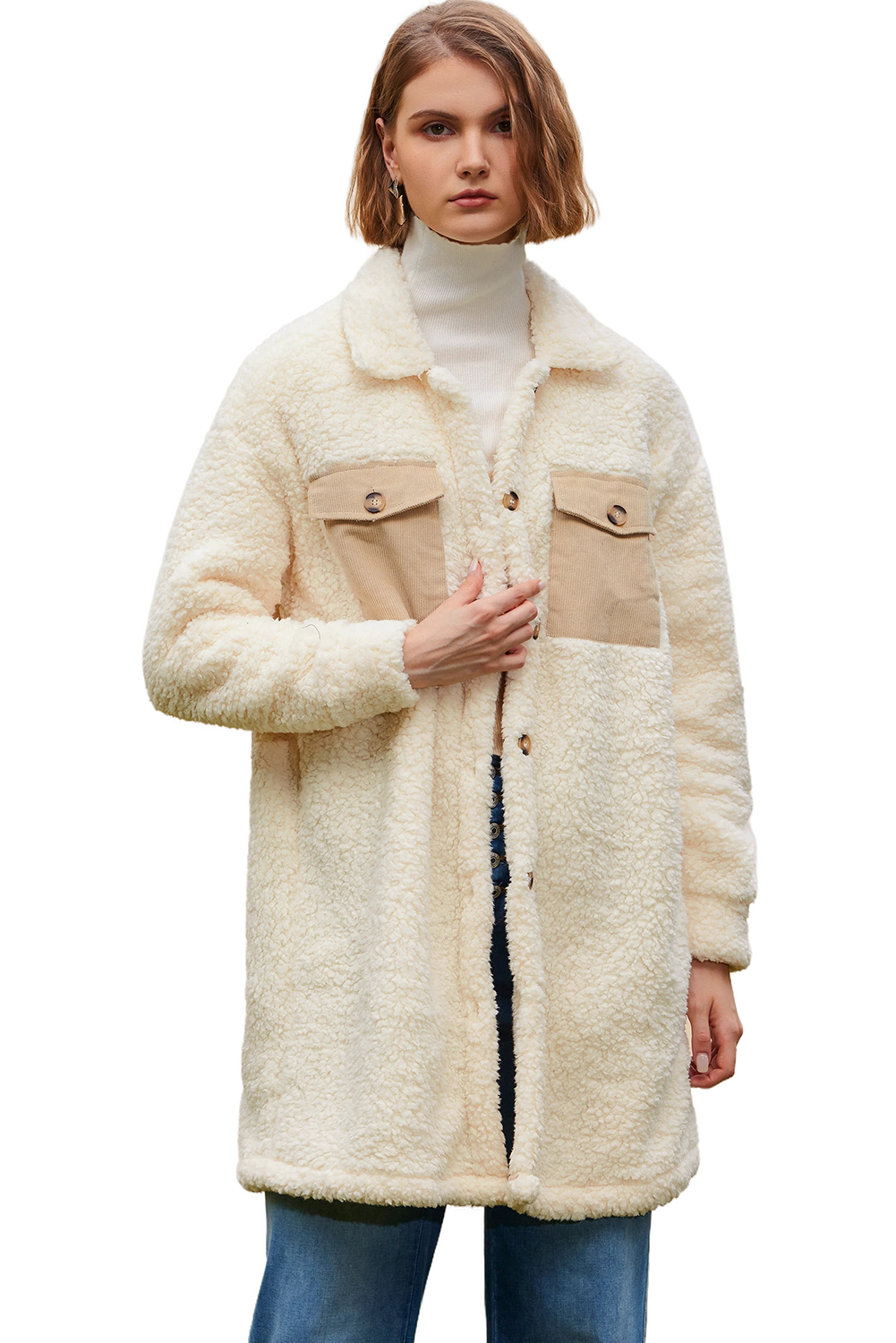 Beige Contrast Flap Pocket Single Breasted Teddy Coat - loveforevers