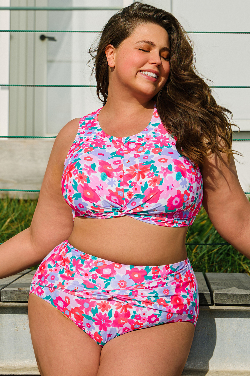 Rose Plus Size Floral Print Twisted High Waist Bikini Set - loveforevers