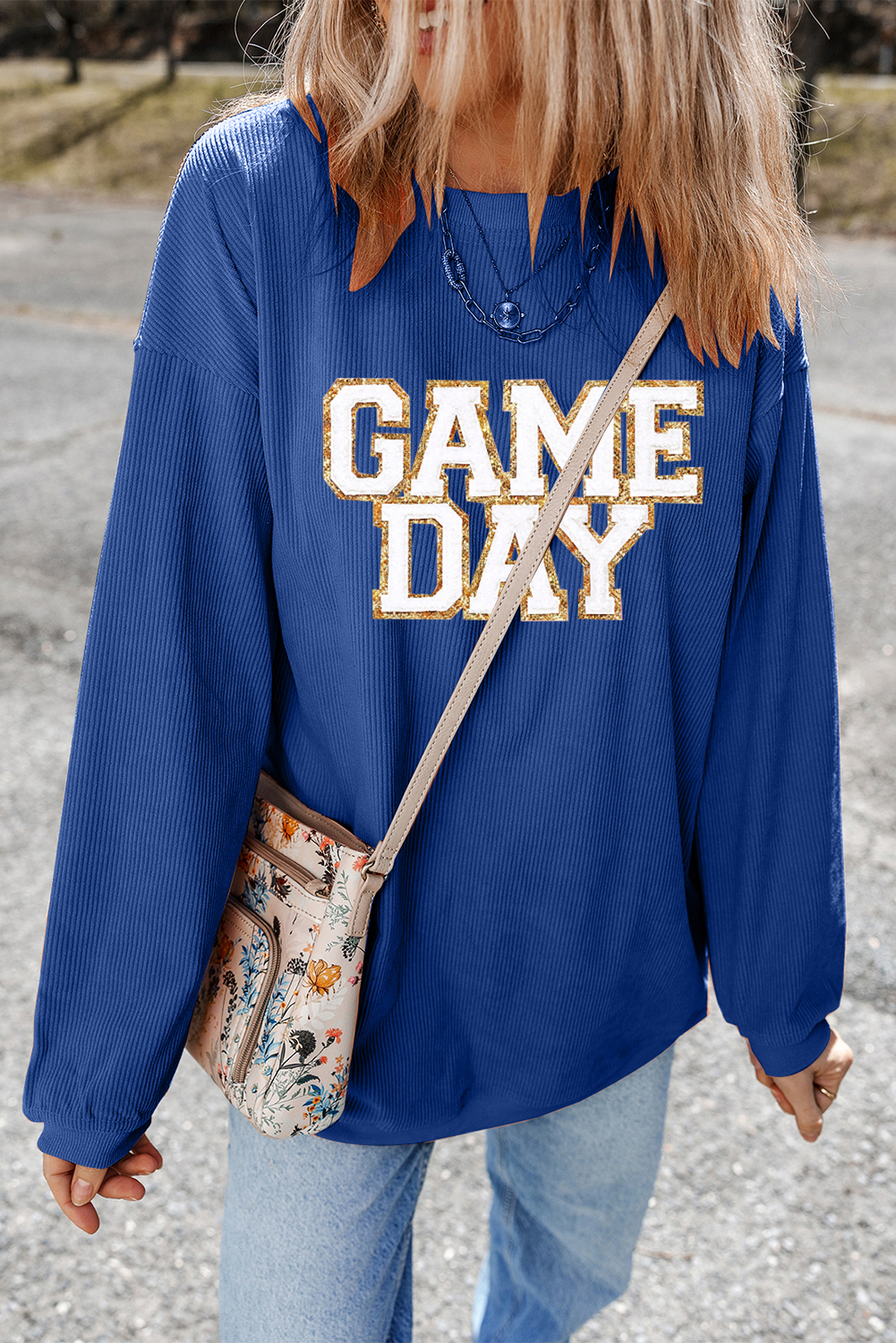 Dark Blue GAME DAY Glitter Detail Ribbed Drop Shoulder Sweatshirt - loveforevers