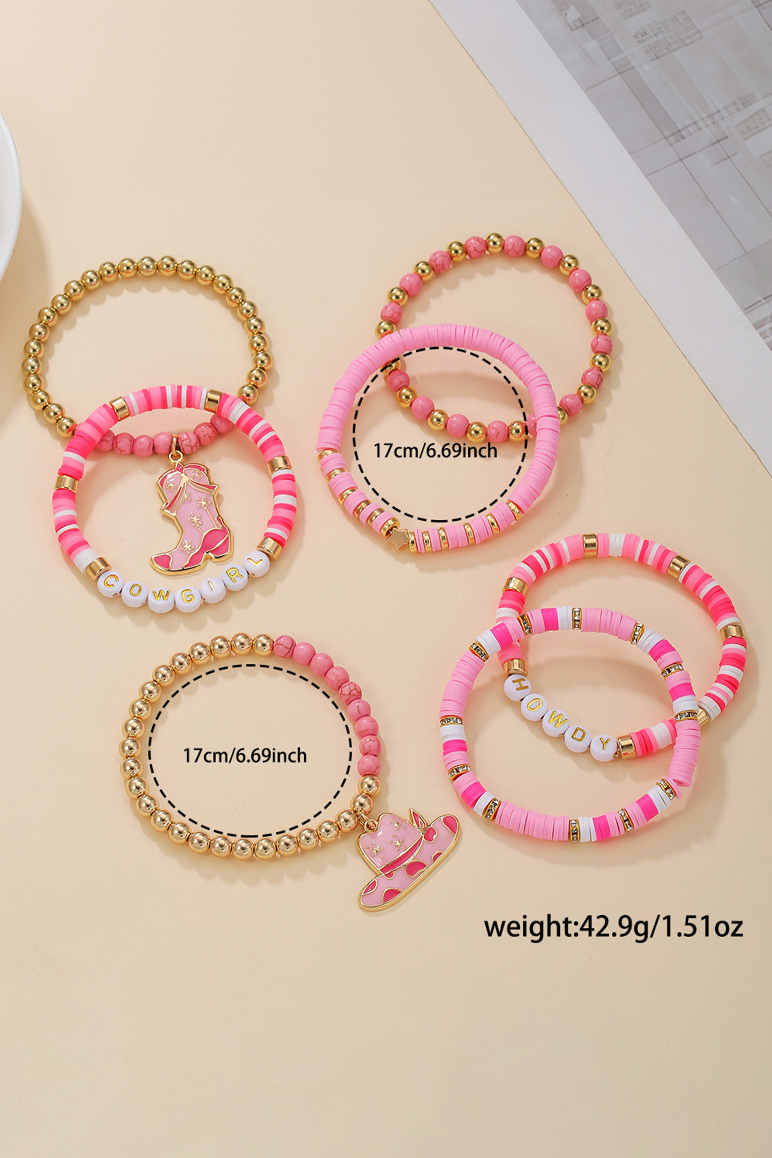 Pink 7pcs HOWDY COWGIRL Hat Boot Beaded Stretch Bracelet Set - loveforevers