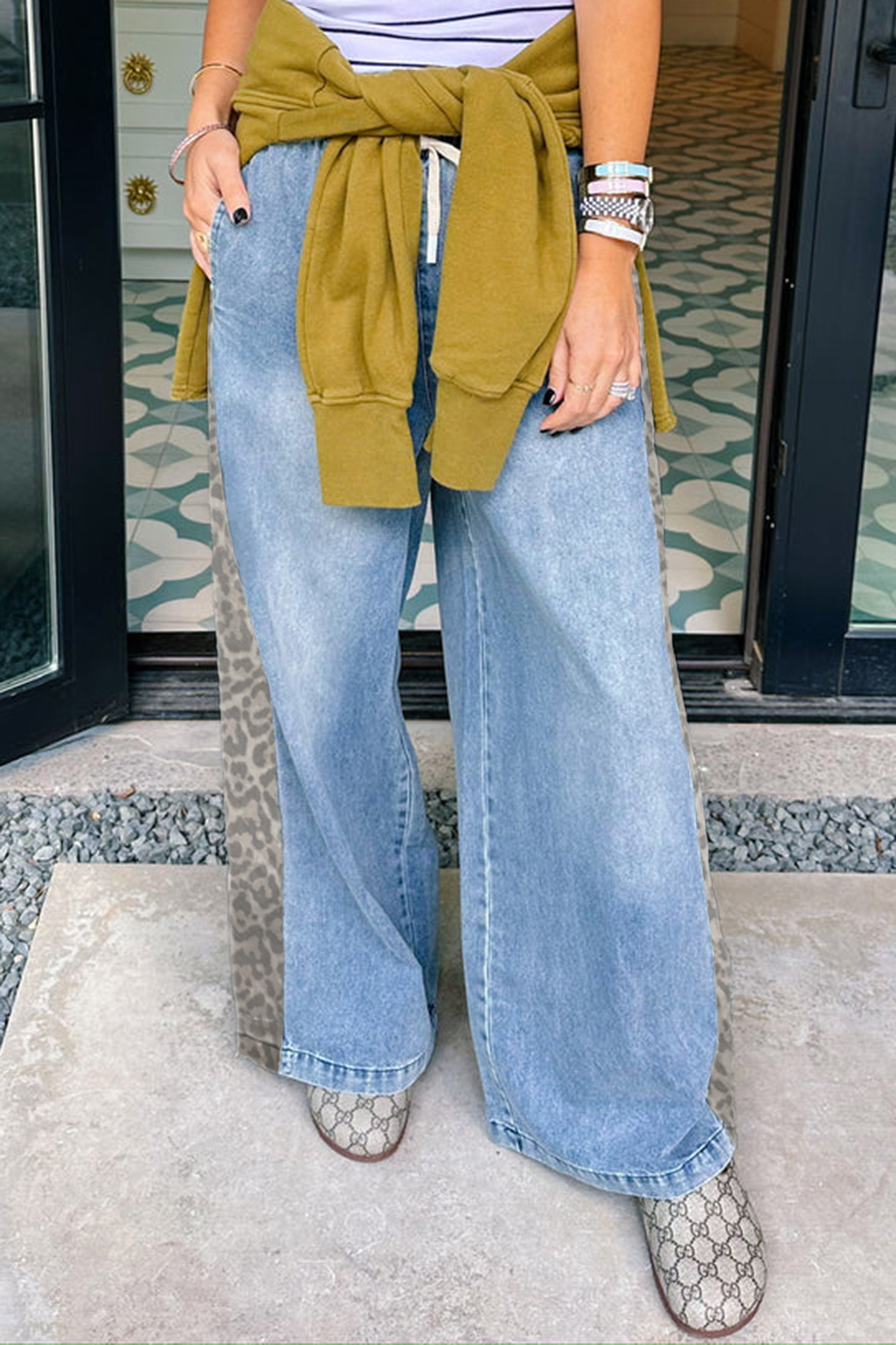Beau Blue Drawstring Elastic Waist Leopard Striped Side Panel Wide Leg Jeans - loveforevers