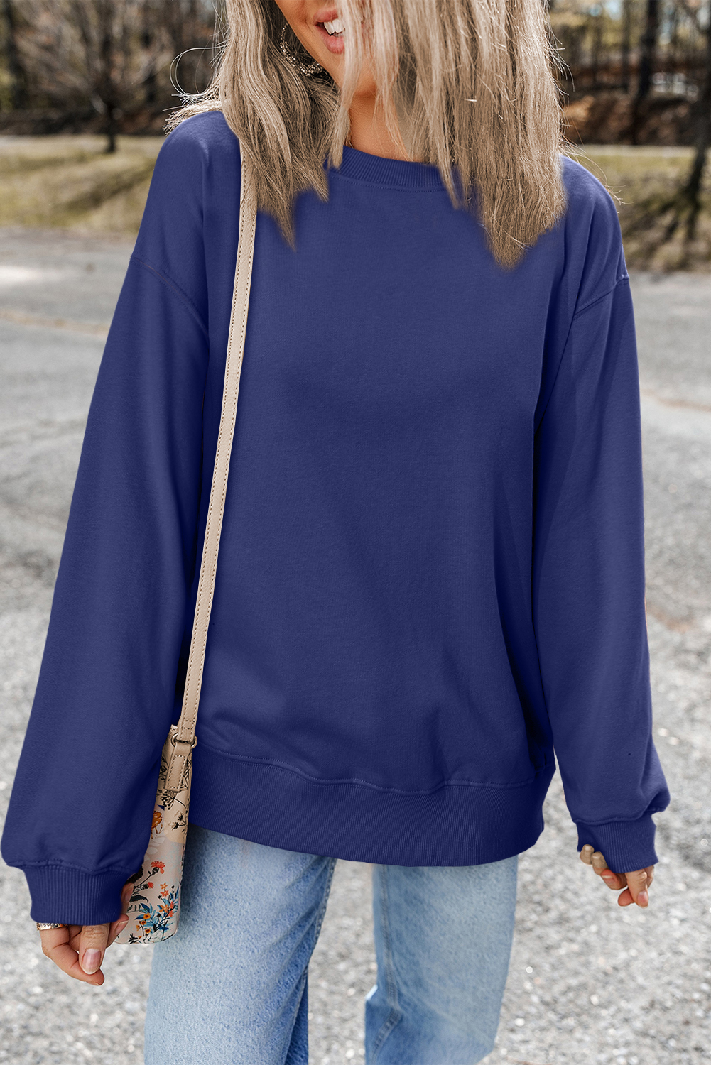 Navy Blue Plain Drop Shoulder Crewneck Pullover Sweatshirt - loveforevers