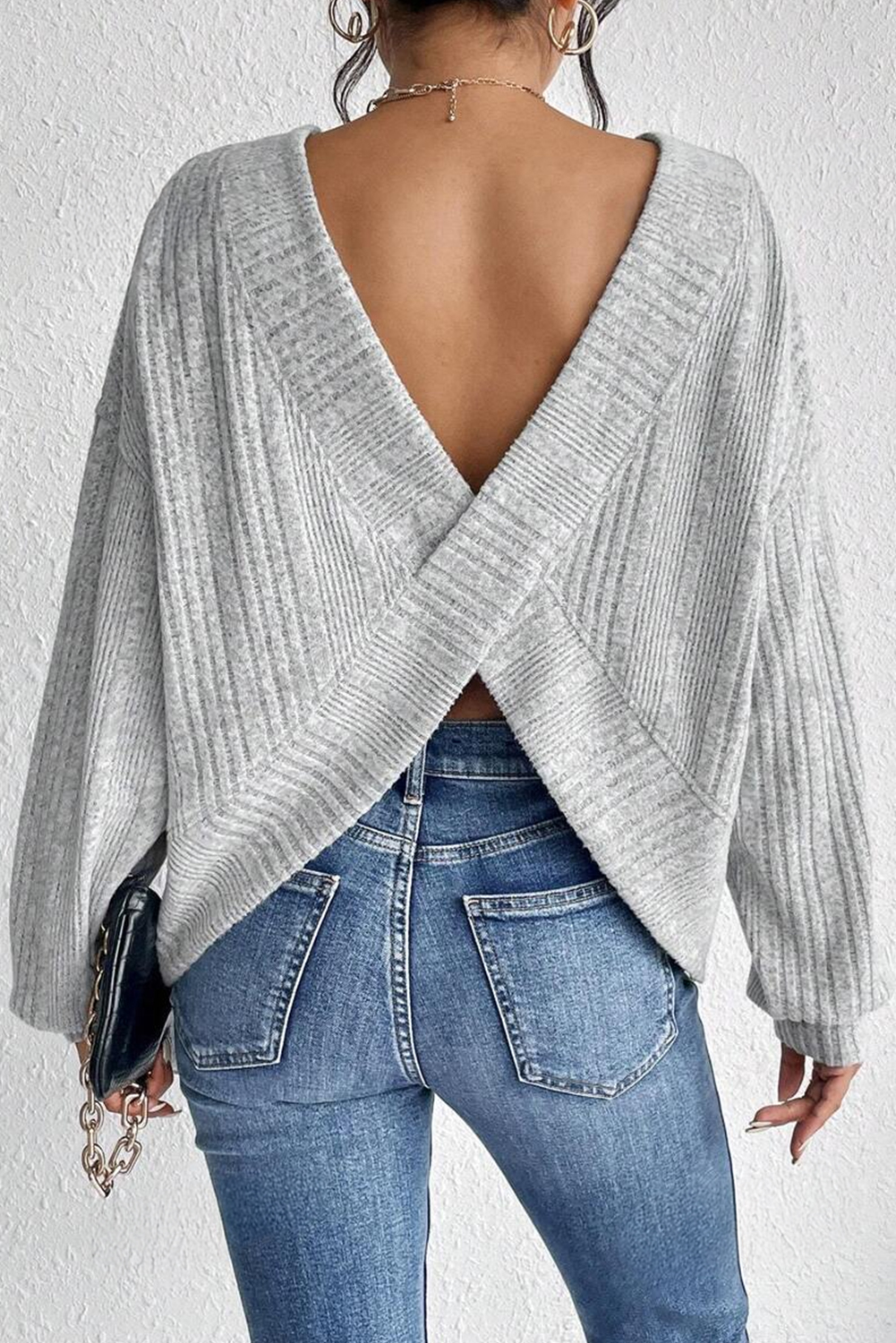 Light Grey Textured Crossover Backless Knit Long Sleeve Top - loveforevers