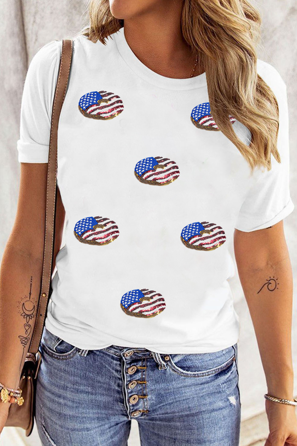 White Sequined Flag Pattern Donuts Graphic T Shirt - loveforevers
