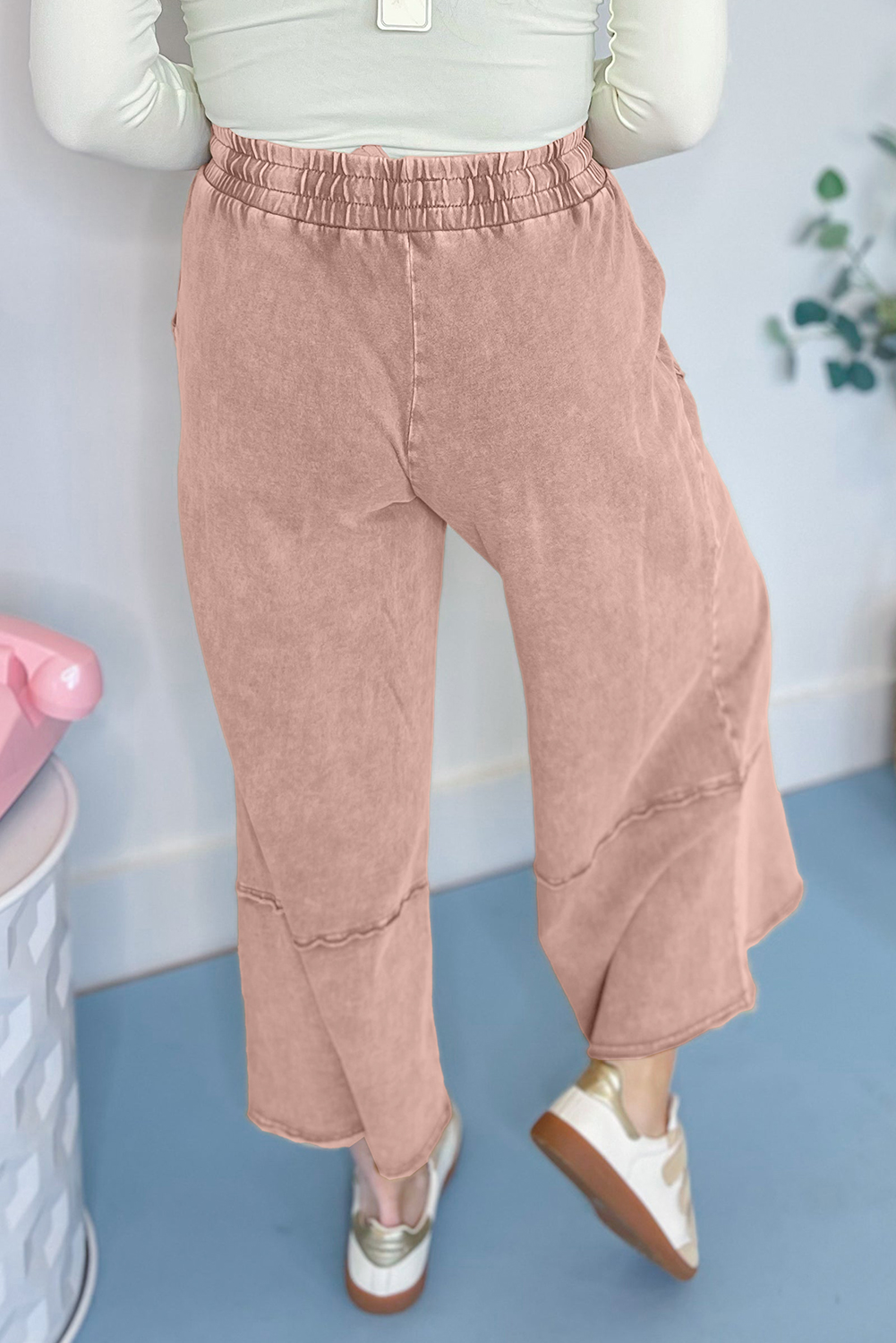 Light Grey Flower Patch Mineral Washed Terry Knit Cropped Wide Leg Pants - loveforevers