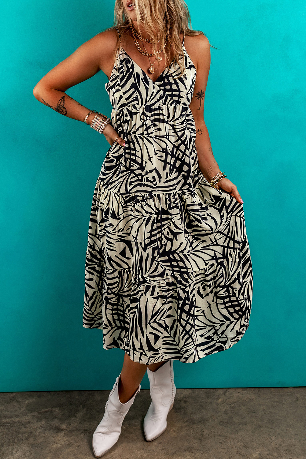 Khaki Tropical Palm Print Wrapped V Neck Spaghetti Straps Tiered Dress - loveforevers