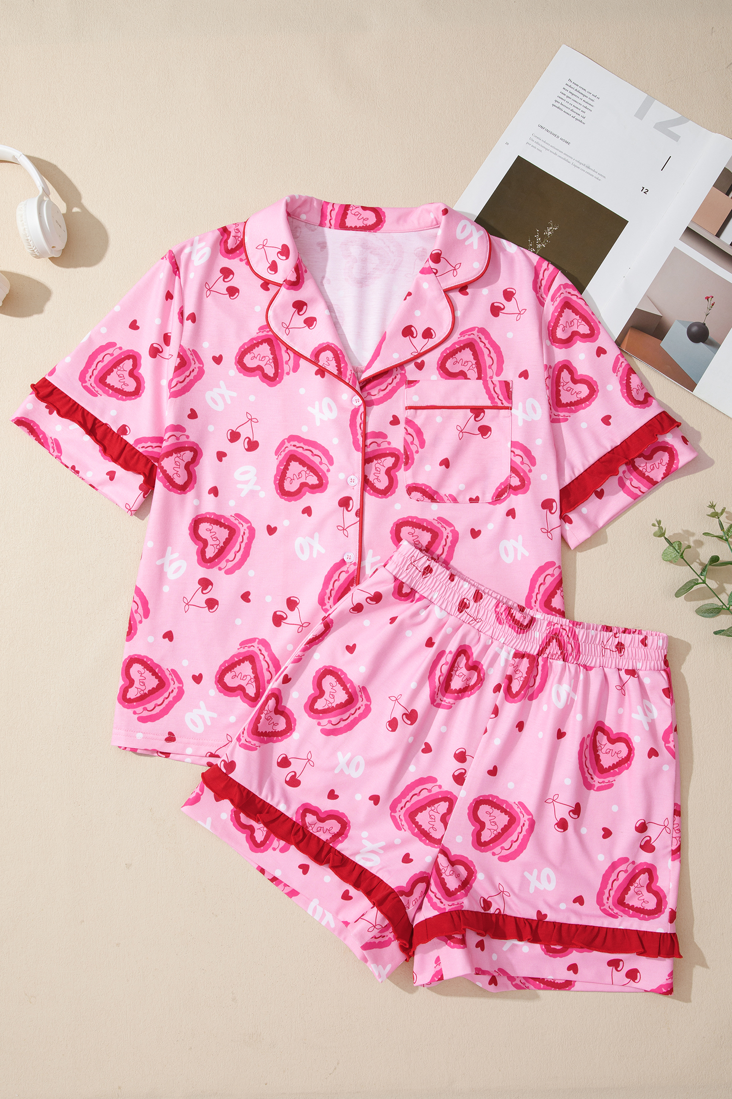 Pink Sweet Heart Cake Print Contrast Ruffle Trim Valentines 2pcs Pajama Set - loveforevers