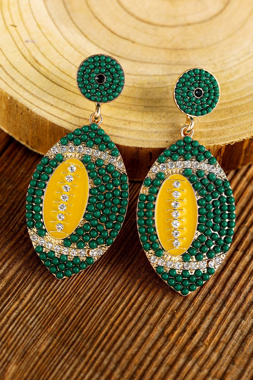 Dark Green Beaded Rhinestone Rugby Football Drop Earrings - loveforevers