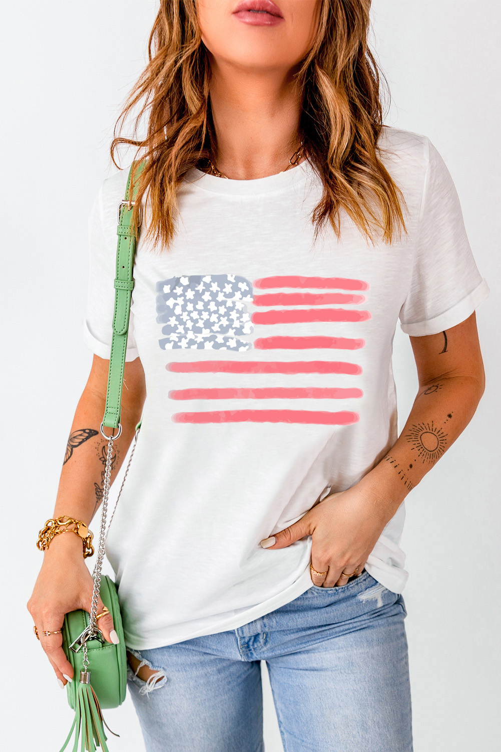 White American Flag Pattern Crew Neck Short Sleeve Tee - loveforevers
