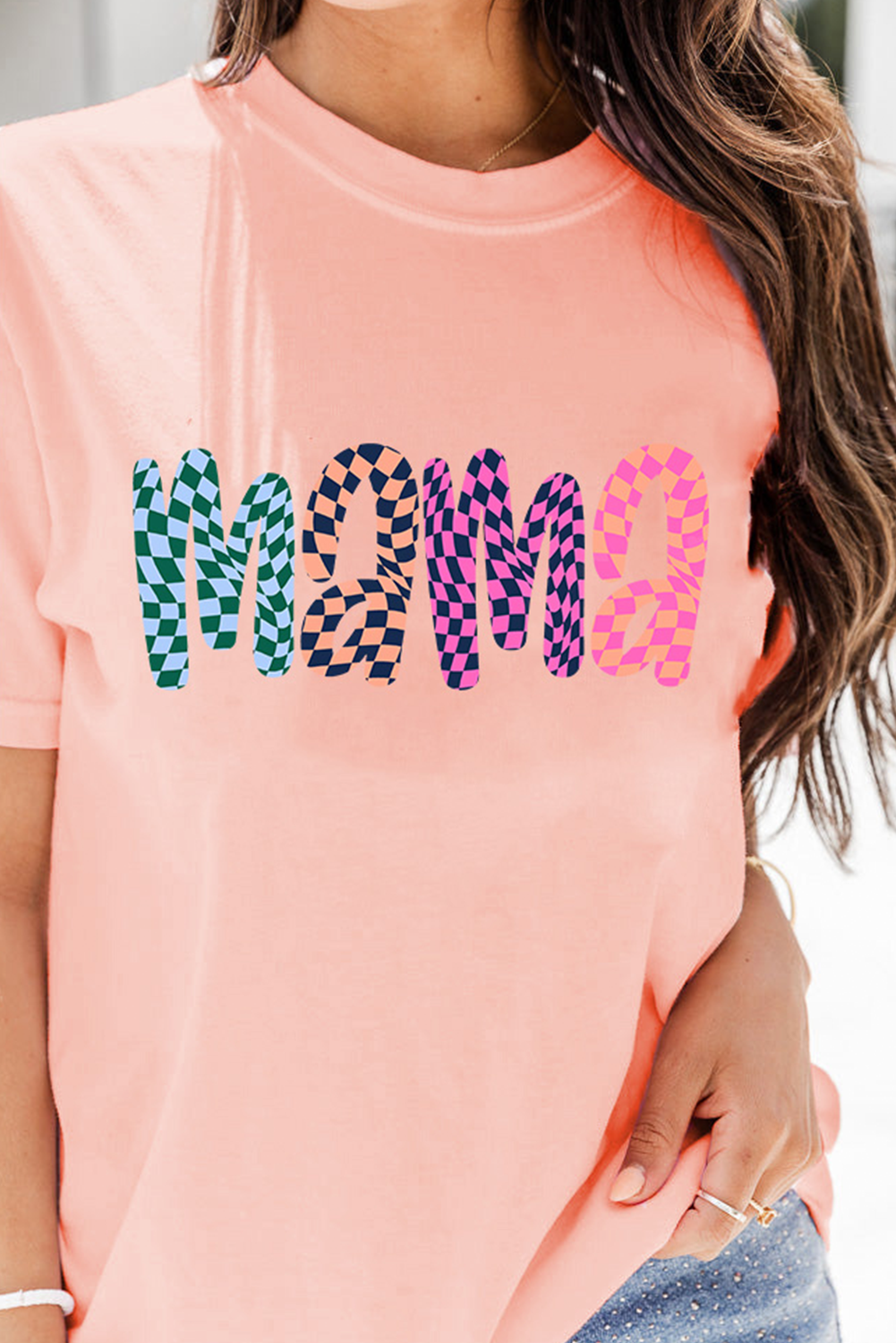 Pink Checkerboard mama Printed Crew Neck Tee - loveforevers