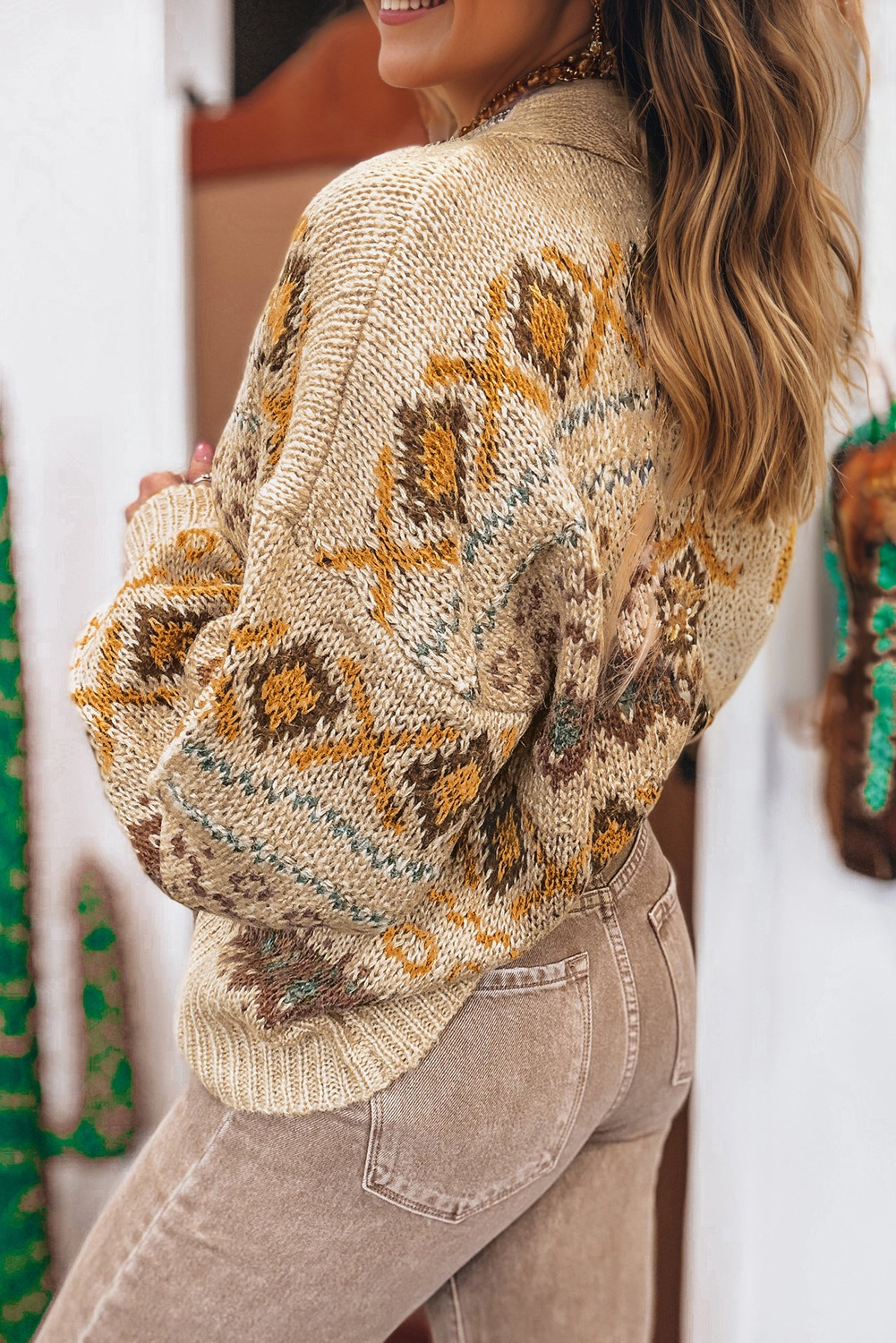 Khaki Western Pattern Knitted Button V Neck Cardigan Sweater - loveforevers