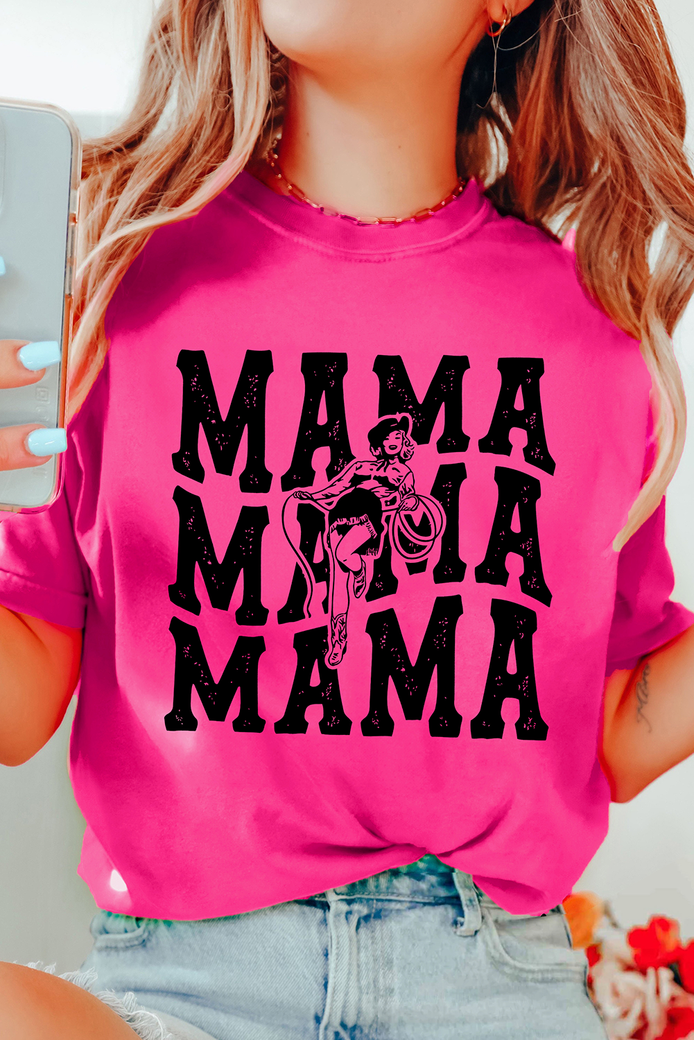 Rose Red Western MAMA Print Crew Neck T Shirt - loveforevers
