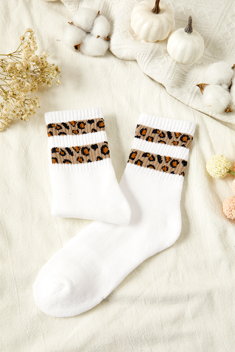 White Leopard Striped Detail Ribbed Cuffs Womens Socks - loveforevers