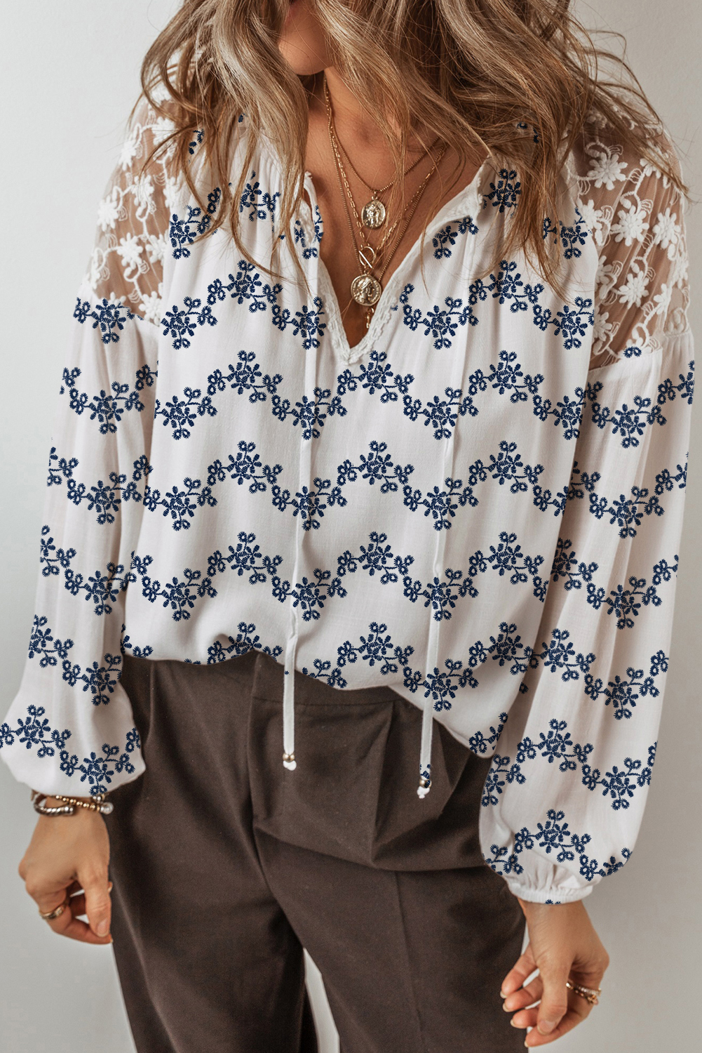 Blue Lace Patchwork Floral Bubble Sleeve V Split Neck Blouse - loveforevers