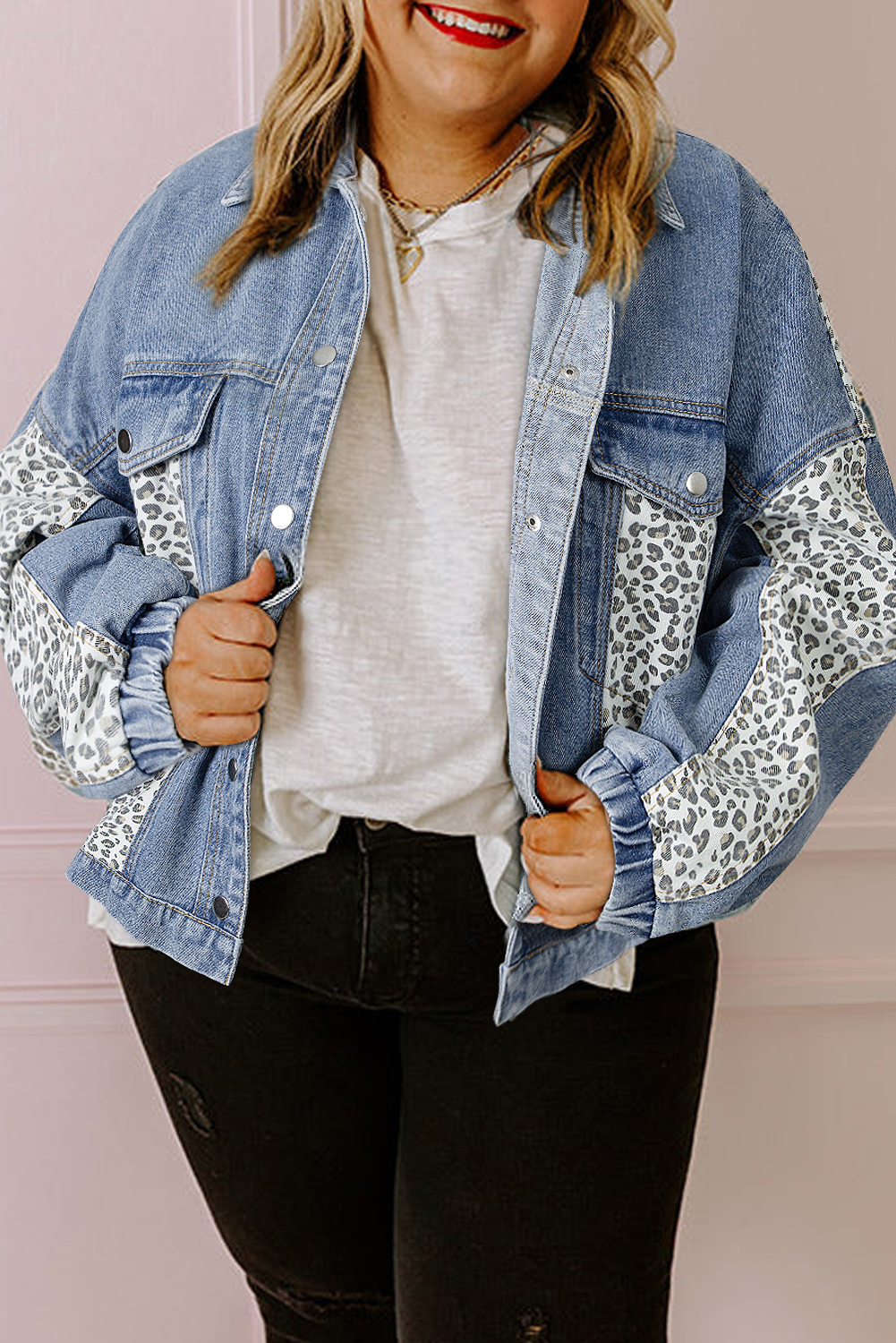 Beau Blue Leopard Patchwork Flap Detail Plus Size Denim Jacket - loveforevers
