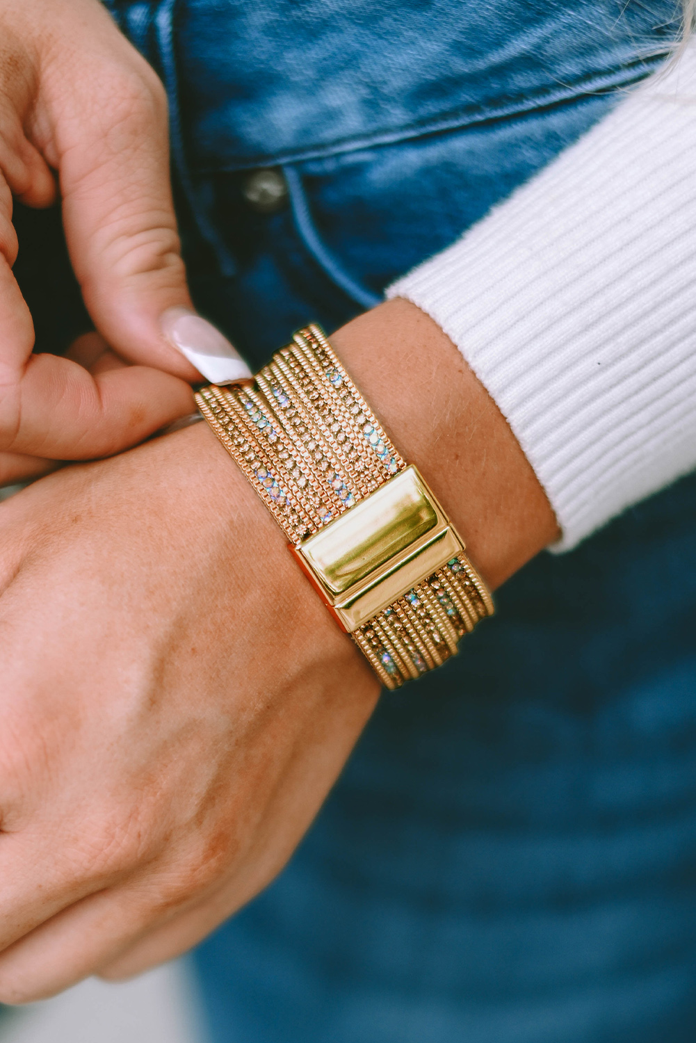 Gold Full Diamond Leather Wide Plated Magnetic Buckle Bracelet - loveforevers