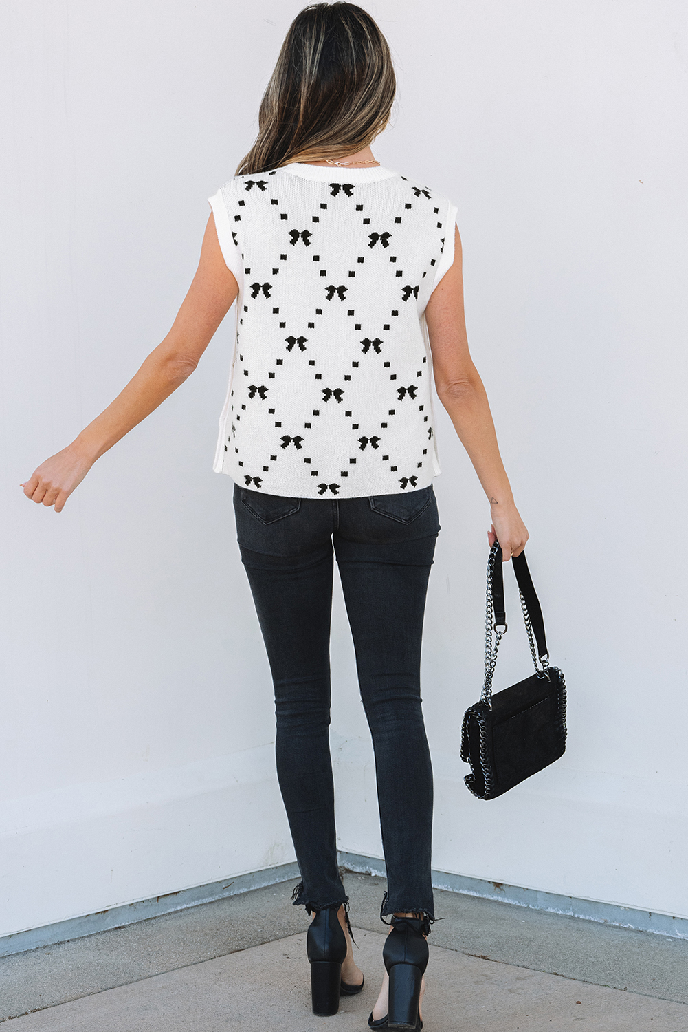 Black Preppy Vibes Bow Print Zipped Collar Sweater Tee - loveforevers