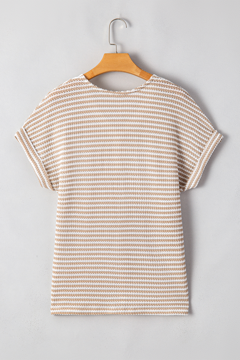 Khaki Stripe Buttoned Front V Neck Knitted T Shirt - loveforevers