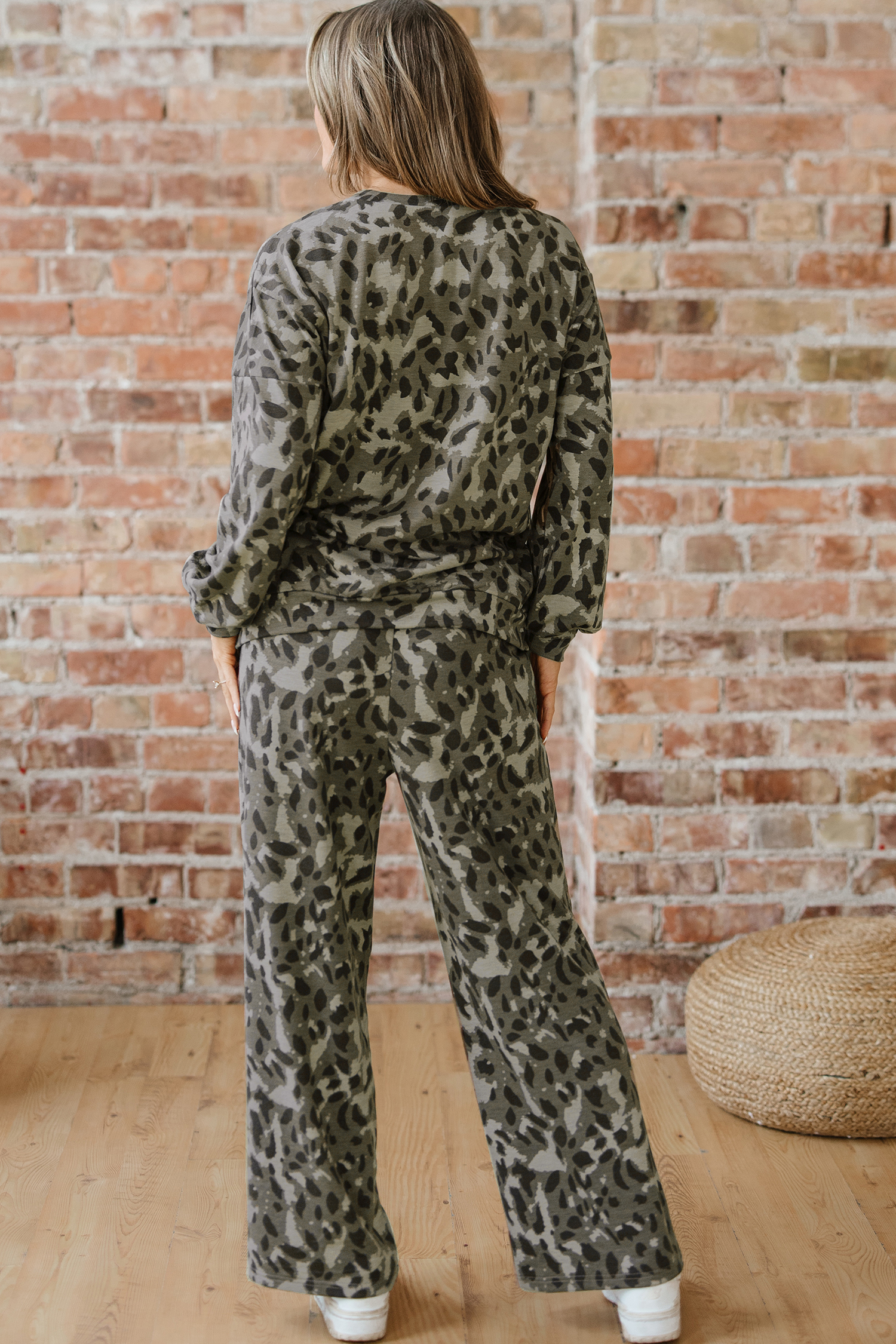 Brown Leopard Loose Tee Drawstring Waist Barrel Pants Set - loveforevers