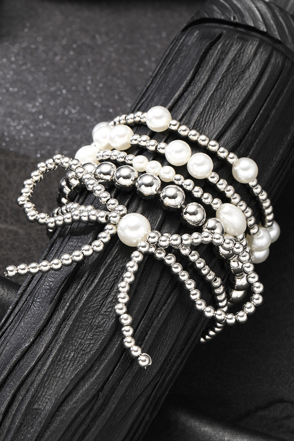 Silvery Bow Knot Pearl Beaded Multi Layered Bracelet Set - loveforevers
