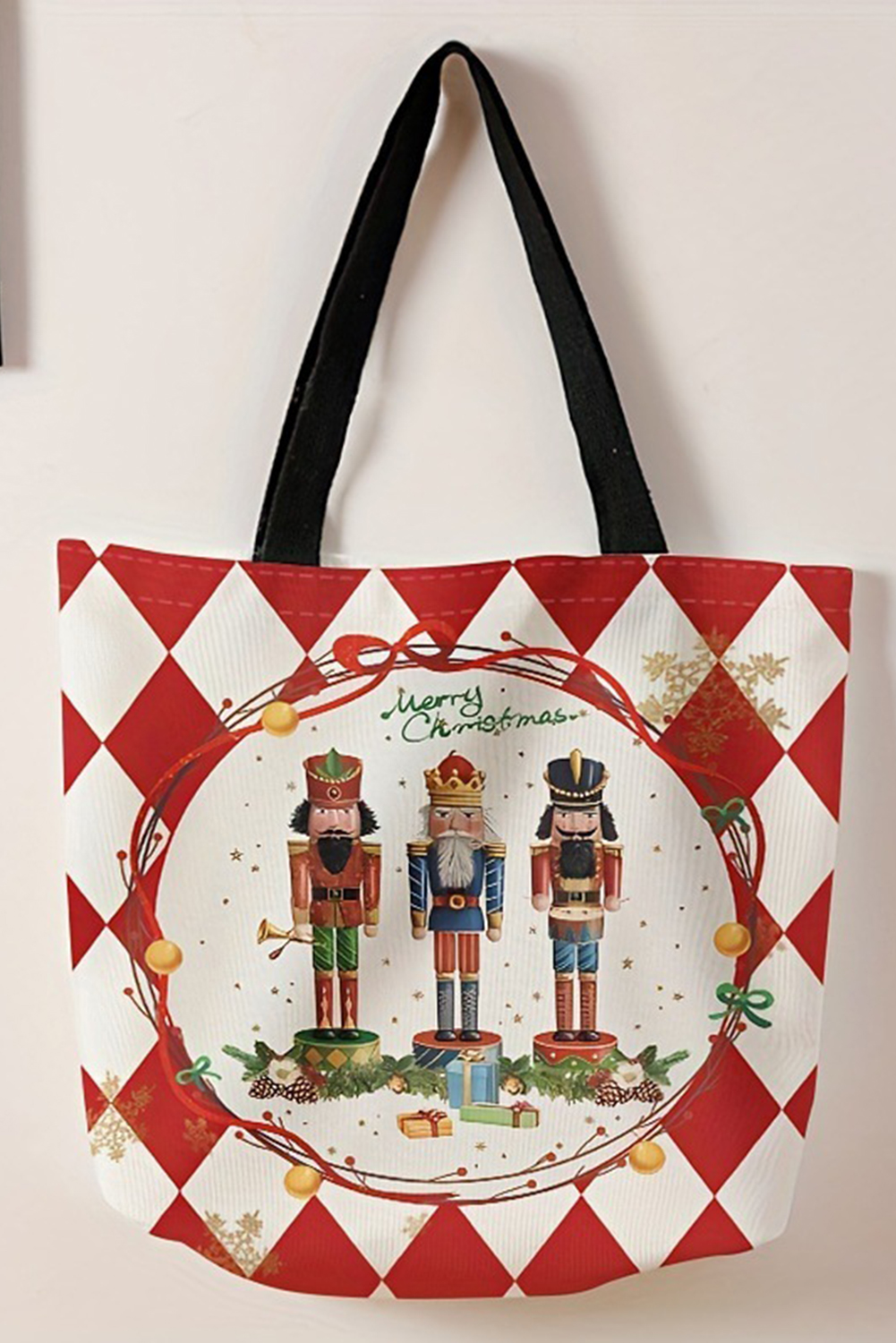 Fiery Red Checkered Merry Christmas Nutcracker Printed Canvas Shoulder Bag - loveforevers