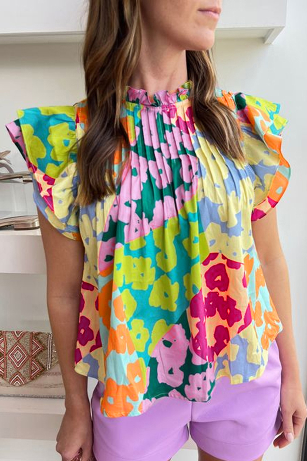 Multicolour Abstract Print Pleated Flutter Sleeve Blouse - loveforevers