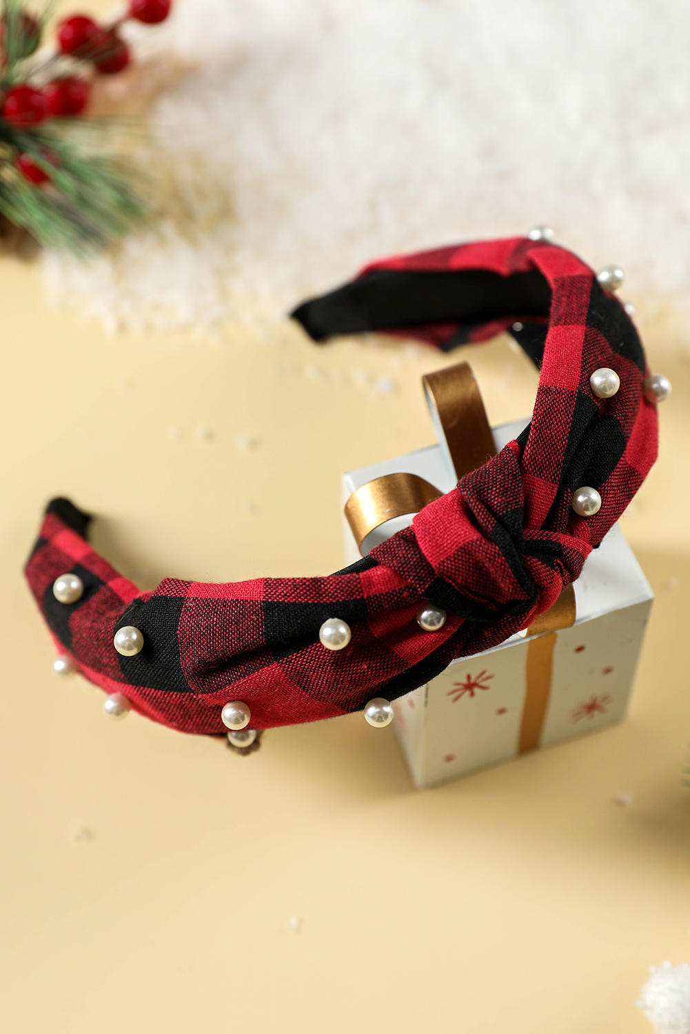 Red Dahlia Pearl Decor Christmas Plaid Knotted Headband - loveforevers