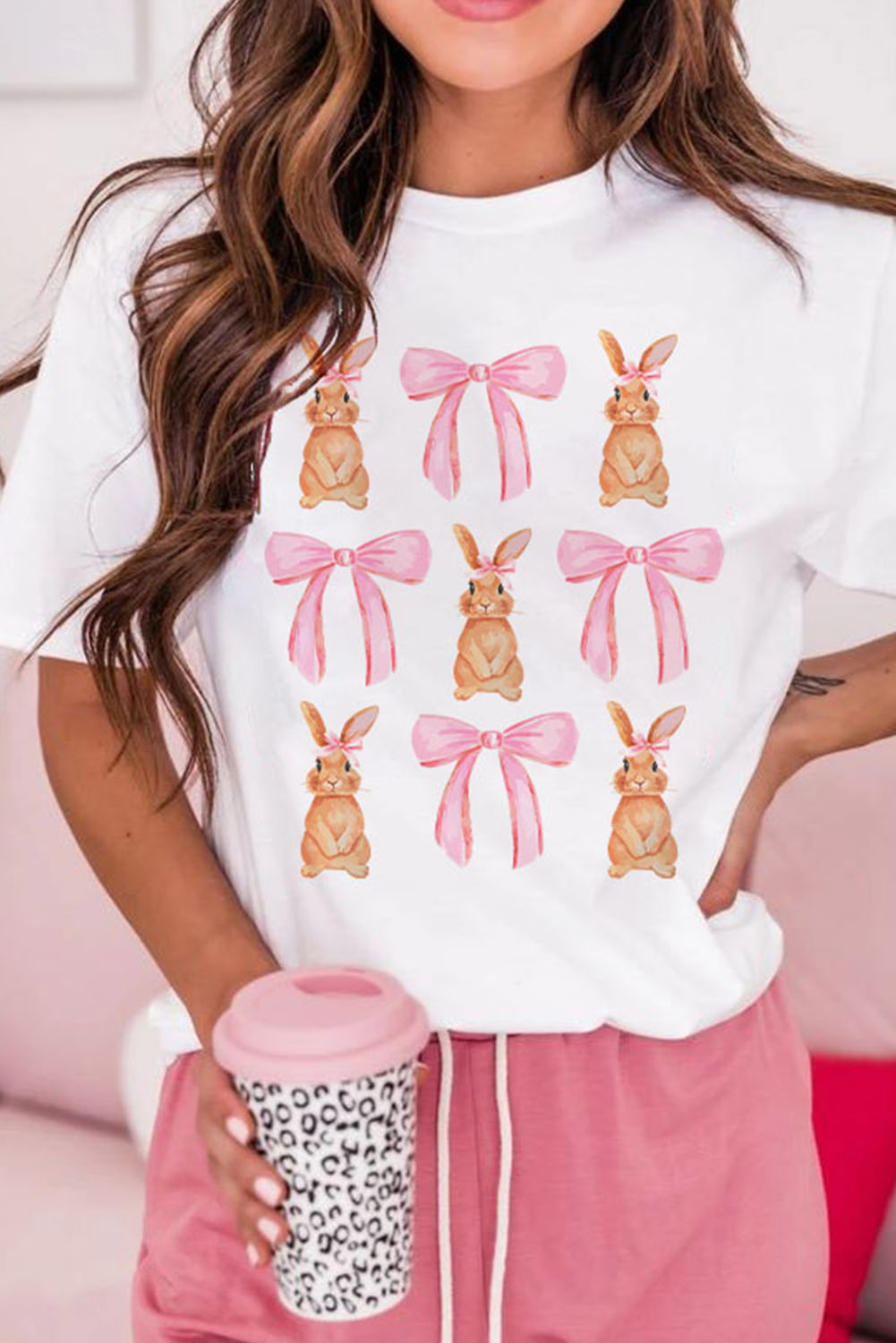 White Rabbit Bow Knot Print Crew Neck T Shirt - loveforevers