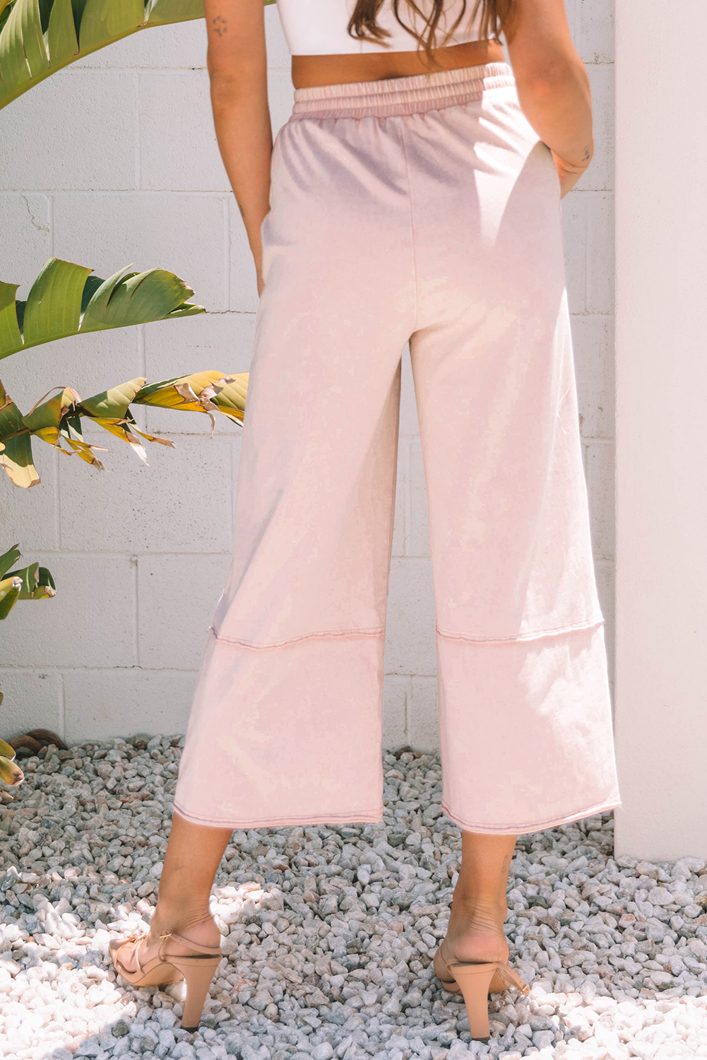 Pink Flower Patch Mineral Washed Terry Knit Cropped Wide Leg Pants - loveforevers