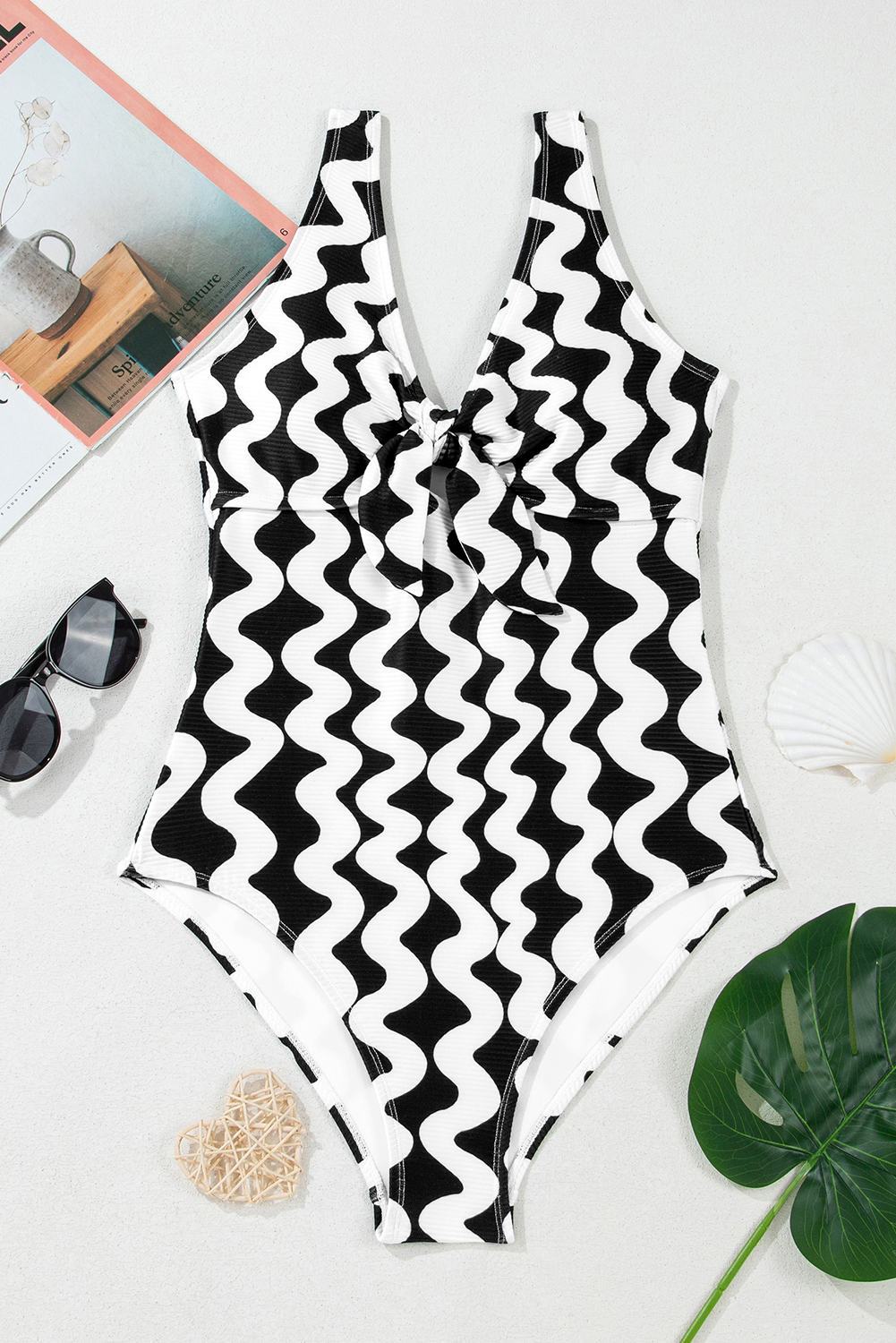 Black Stripe Bowknot Ricrac Print V Neck Low Back Cut One Piece Swimsuit - loveforevers