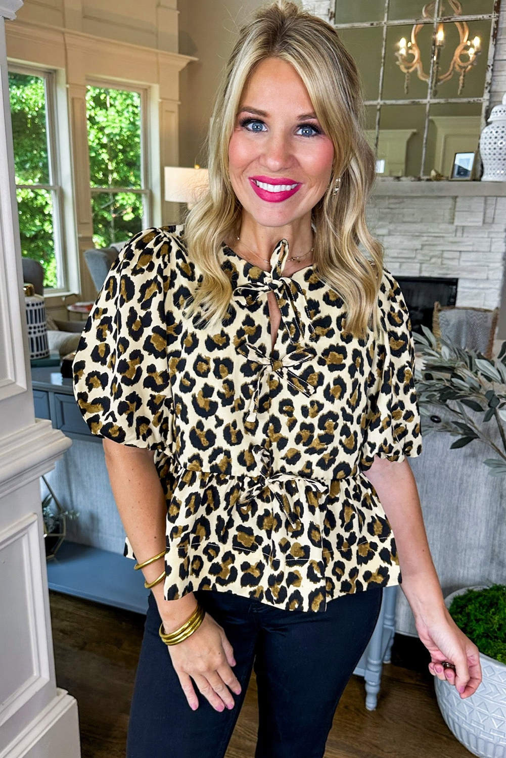 Apricot Leopard Bubble Sleeve Bow Tie Front Peplum Blouse - loveforevers