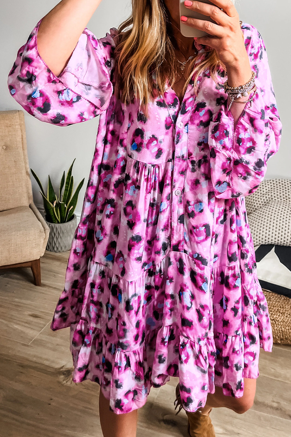Khaki Leopard Print Buttoned Front 3/4 Sleeve Tiered Ruffled Hem Dress - loveforevers