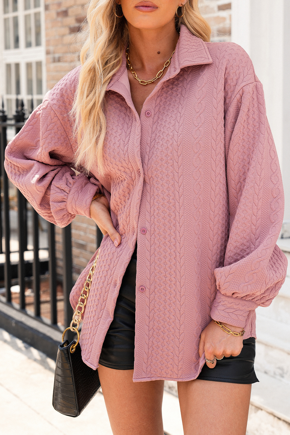 Sepia Rose Cable Texture Puff Sleeve Loose Shacket - loveforevers