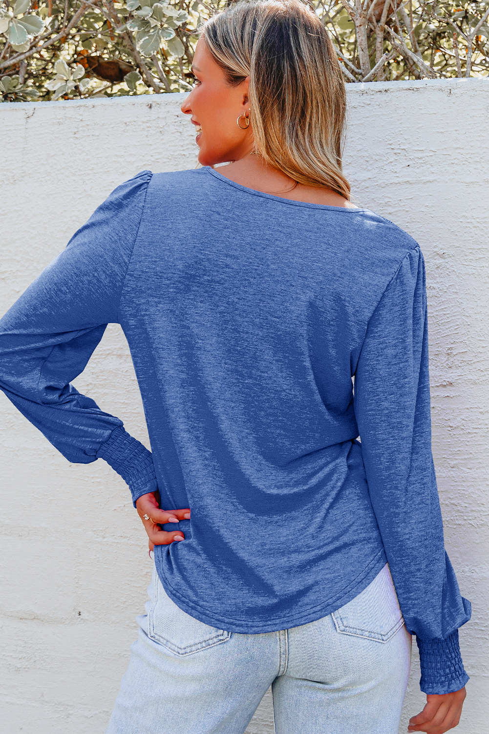 Beige Shirred Shoulder Frilled Cuffs Long Sleeve Top - loveforevers